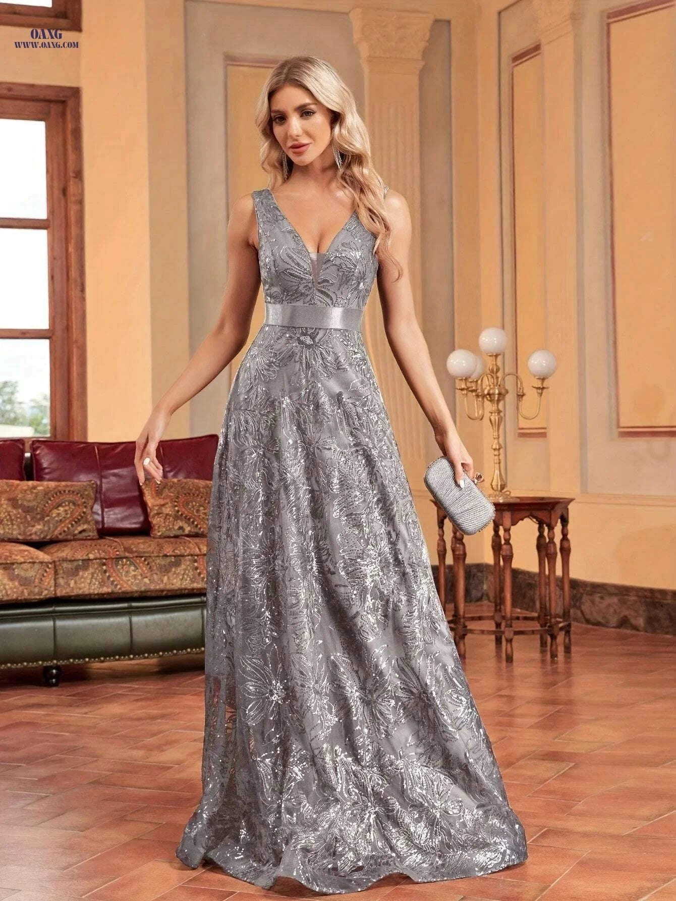 Elegant V-Neck Maxi Dress - Sleeveless Sequin Floral Evening Gown   OAXG Black / S