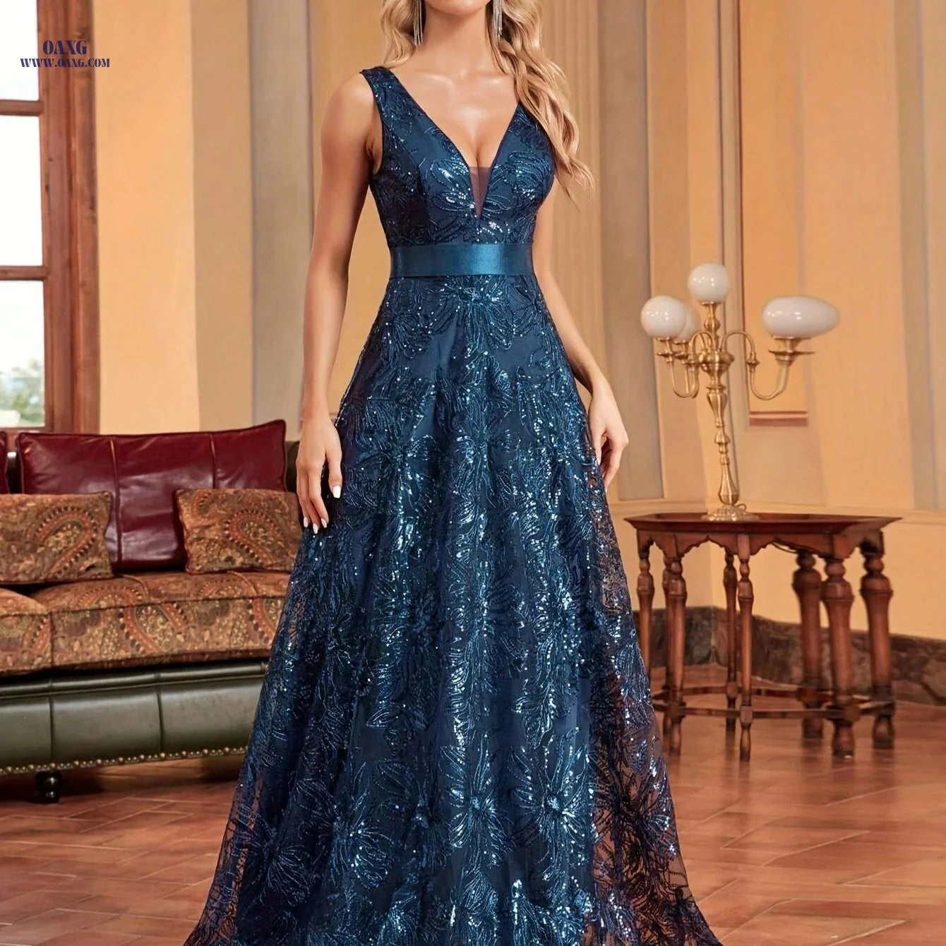 Elegant V-Neck Maxi Dress - Sleeveless Sequin Floral Evening Gown   OAXG Black / S
