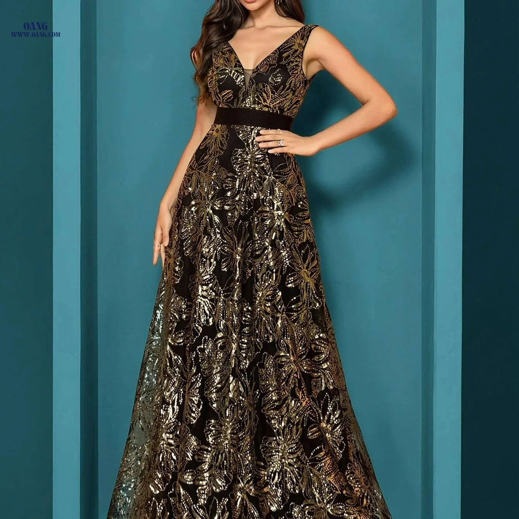 Elegant V-Neck Maxi Dress - Sleeveless Sequin Floral Evening Gown   OAXG Black / S