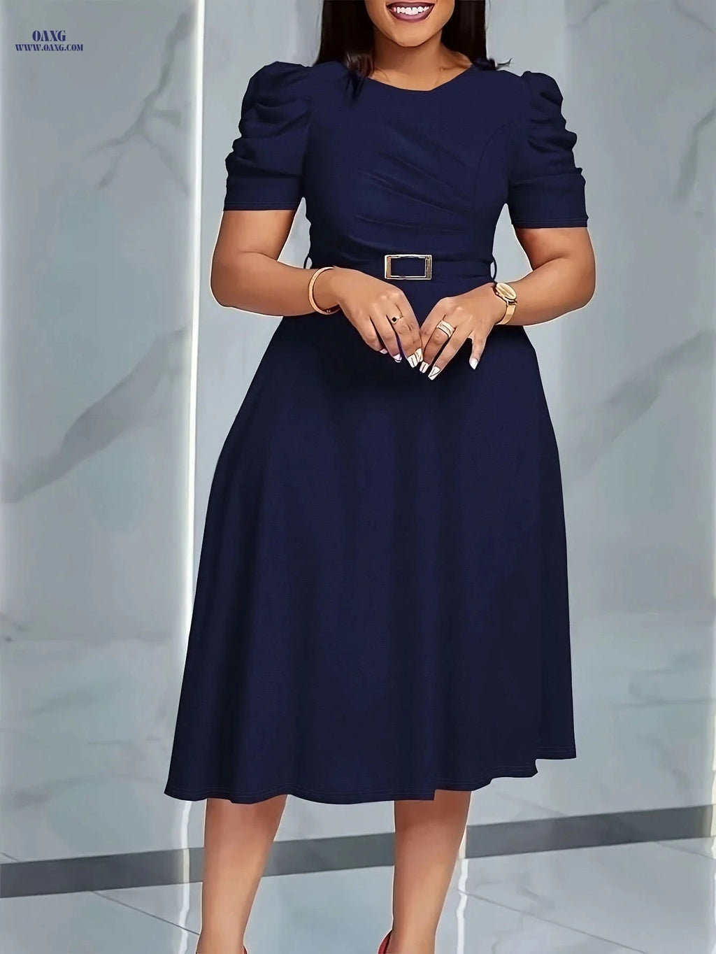 Elegant V-Neck Midi Dress - Ruffle Details for Spring/Summer   OAXG 