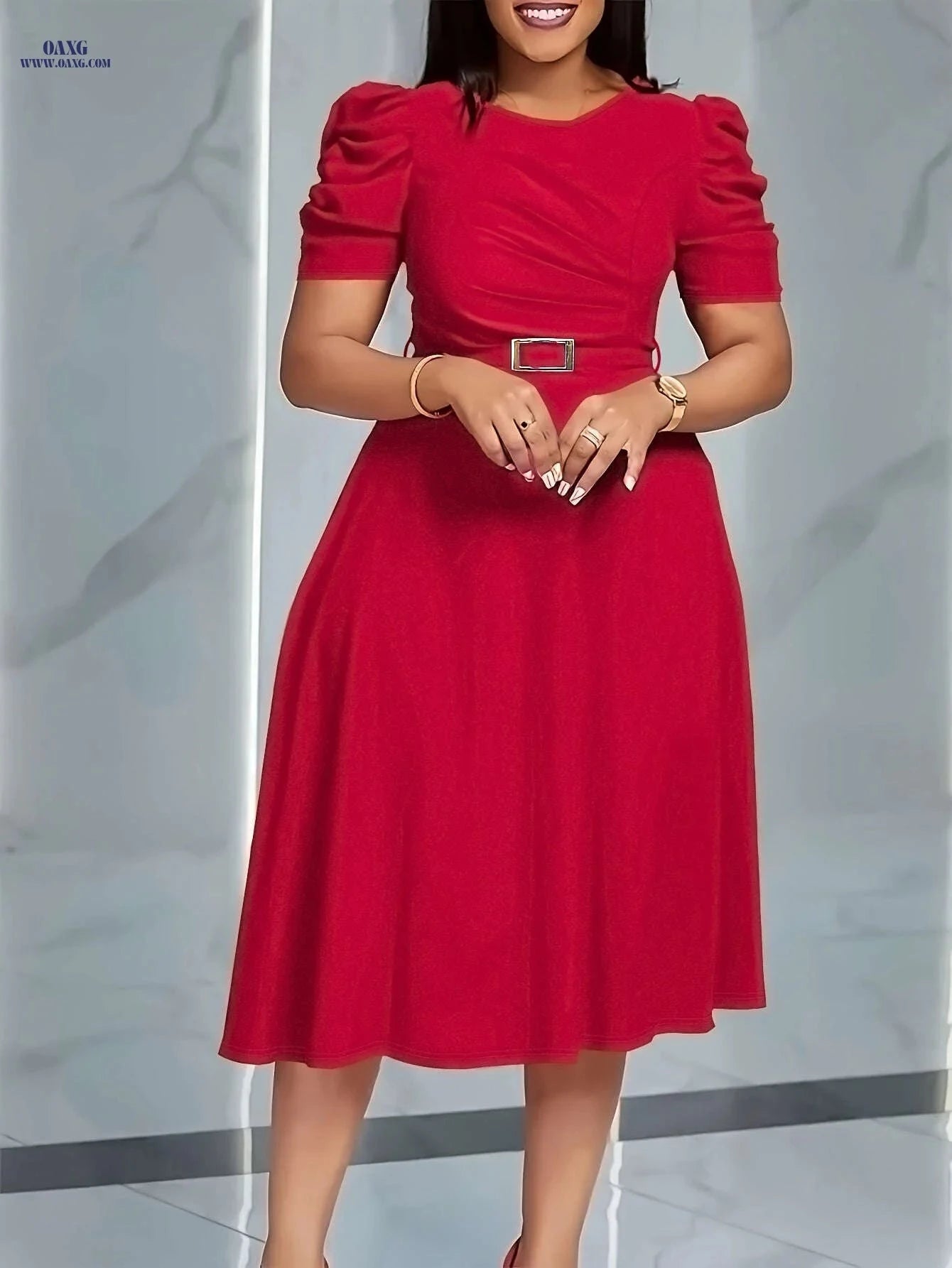 Elegant V-Neck Midi Dress - Ruffle Details for Spring/Summer   OAXG 