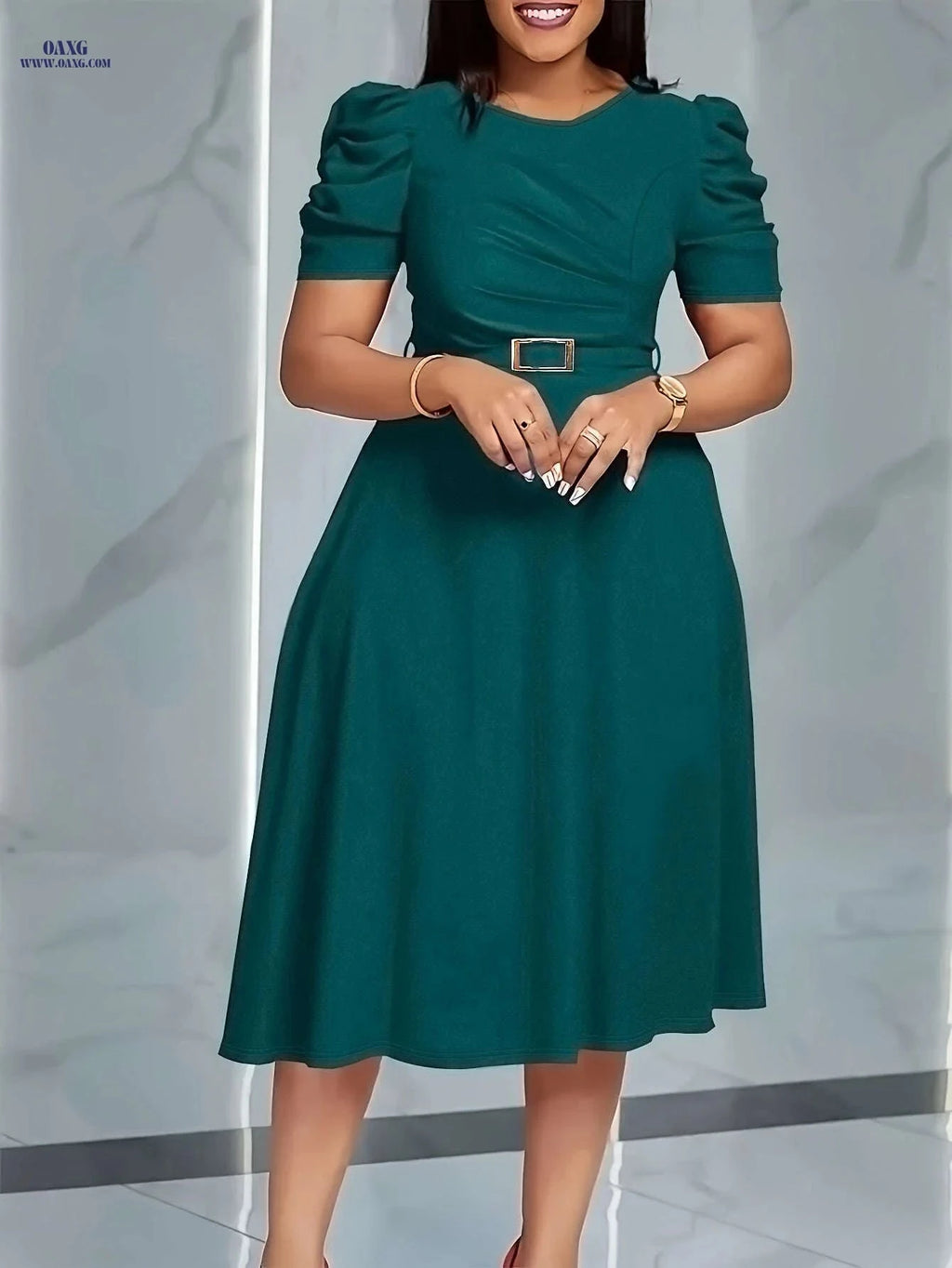 Elegant V-Neck Midi Dress - Ruffle Details for Spring/Summer   OAXG Royal Blue / S