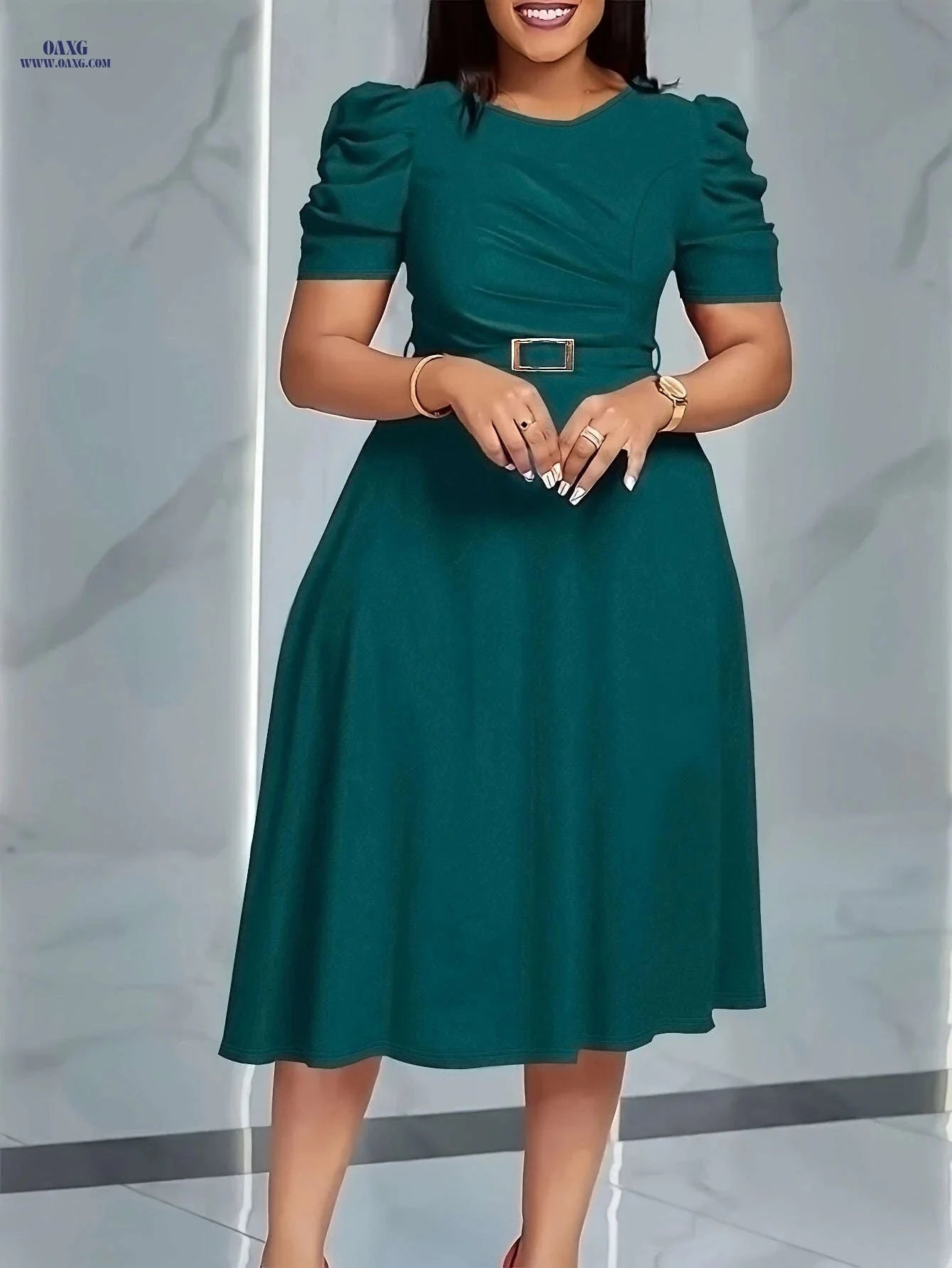 Elegant V-Neck Midi Dress - Ruffle Details for Spring/Summer   OAXG Royal Blue / S