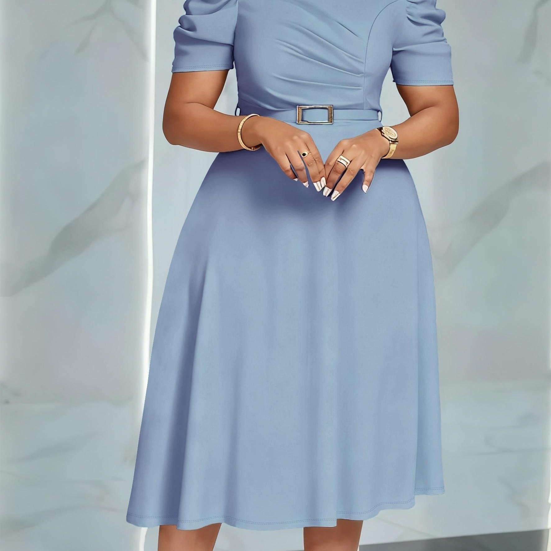 Elegant V-Neck Midi Dress - Ruffle Details for Spring/Summer   OAXG Royal Blue / S
