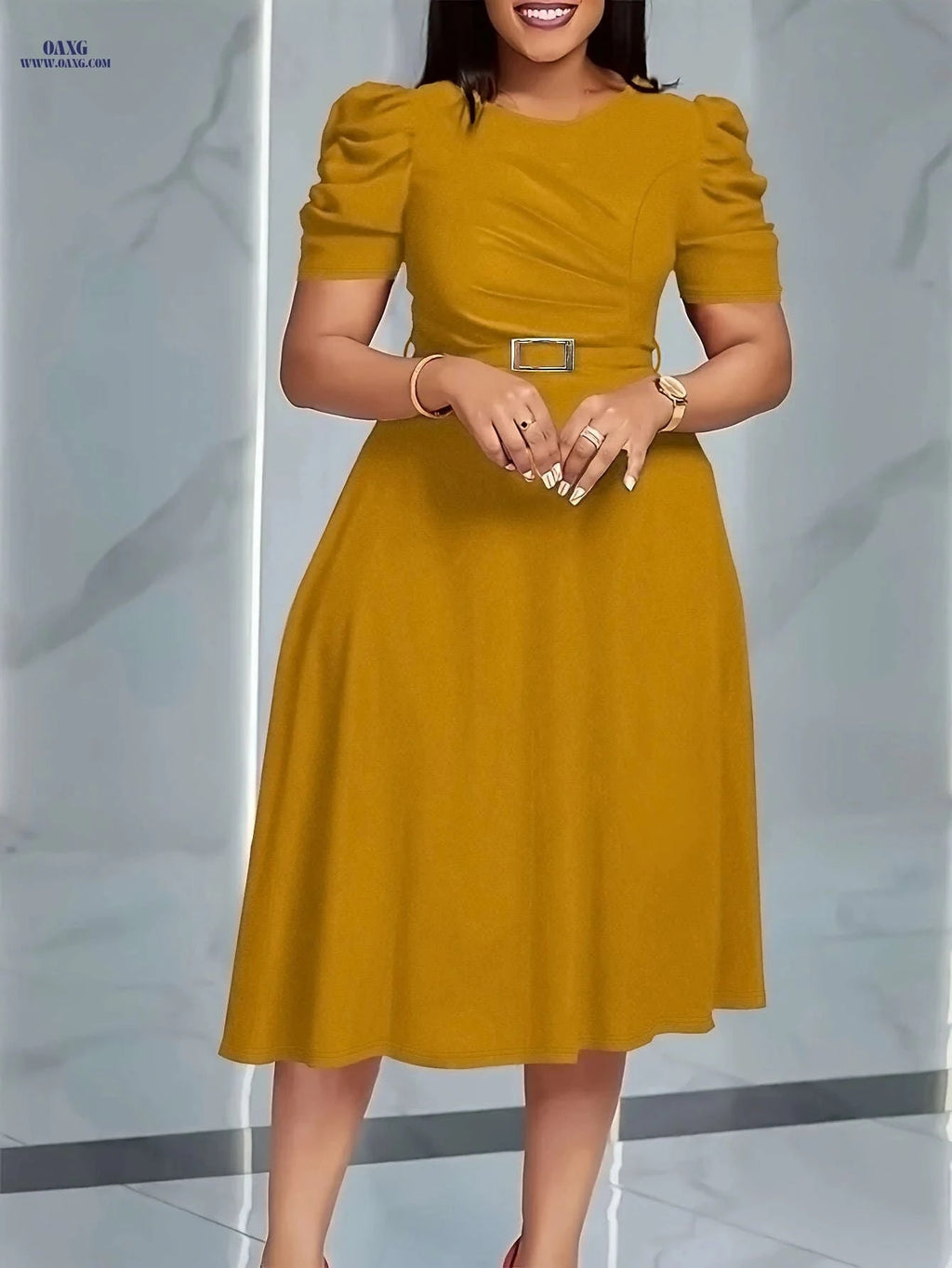 Elegant V-Neck Midi Dress - Ruffle Details for Spring/Summer   OAXG 