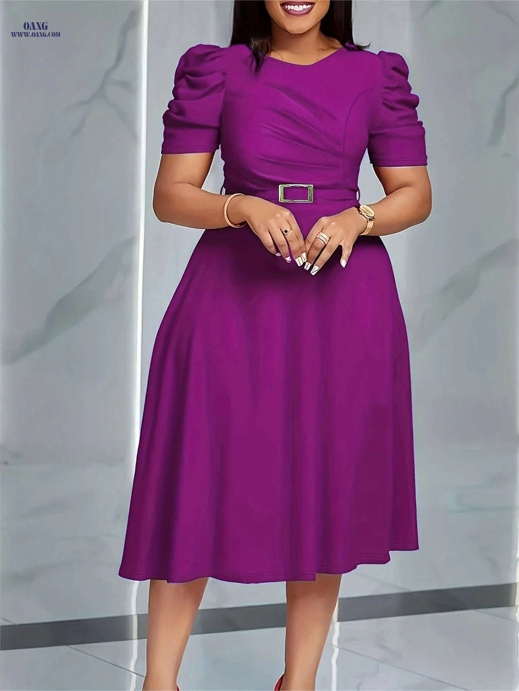 Elegant V-Neck Midi Dress - Ruffle Details for Spring/Summer   OAXG 