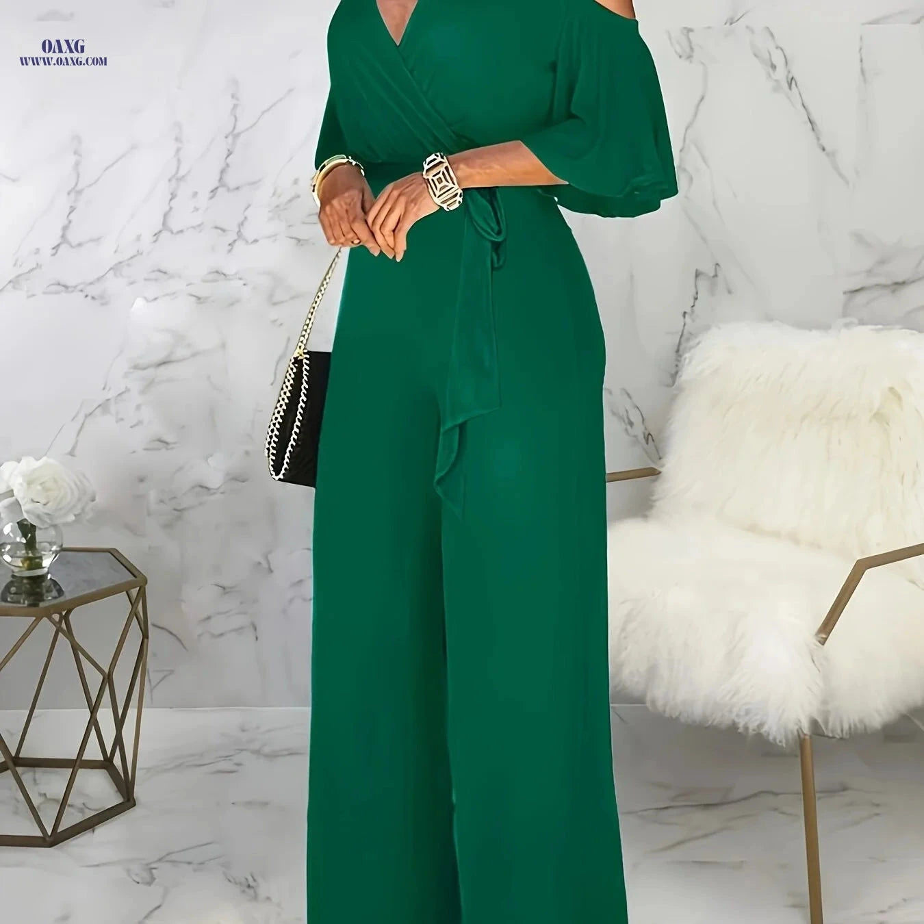 Elegant V-Neck Off-Shoulder Jumpsuit - Solid Color, Wide-Leg Style   OAXG Royal Blue / S
