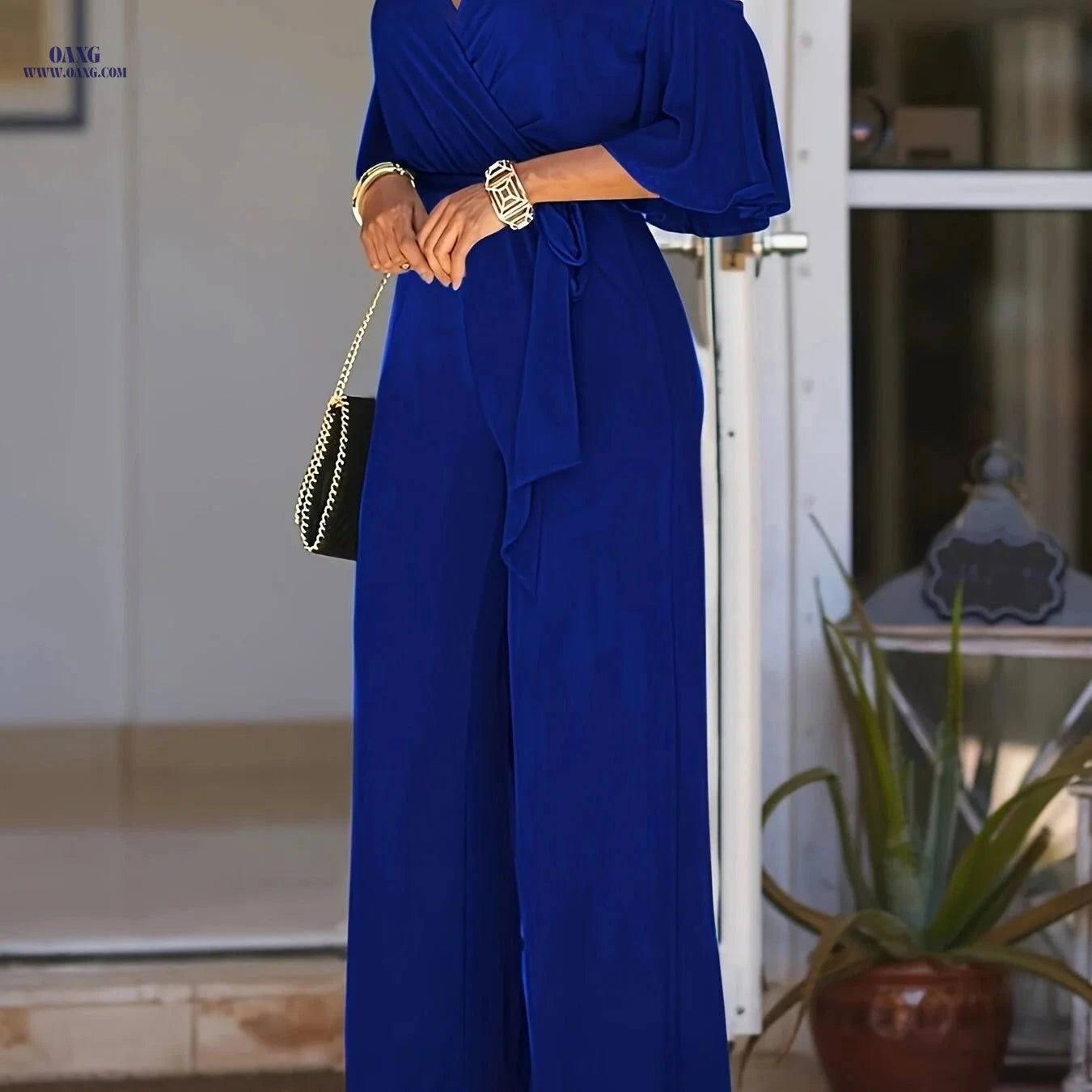 Elegant V-Neck Off-Shoulder Jumpsuit - Solid Color, Wide-Leg Style   OAXG Royal Blue / S