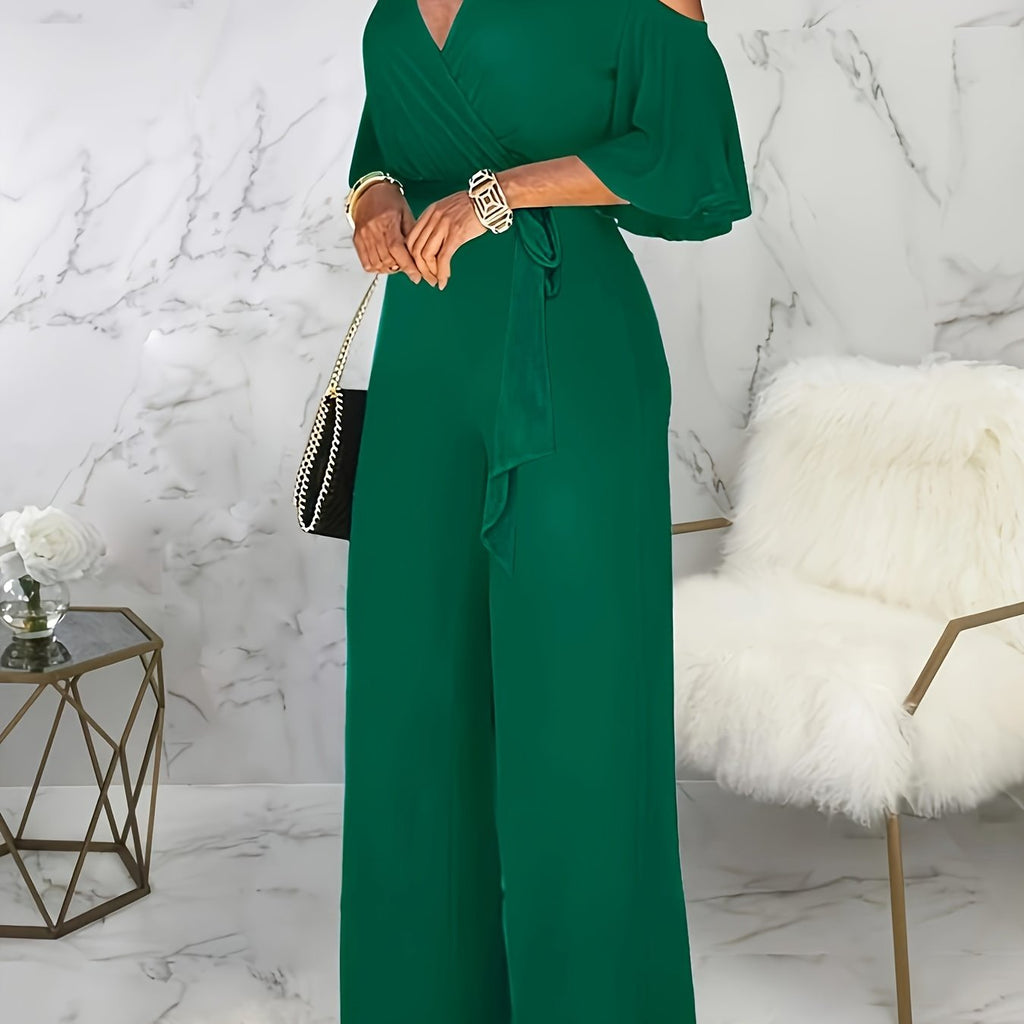 Elegant V-Neck Off-Shoulder Jumpsuit - Solid Color, Wide-Leg Style   OAXG Royal Blue / S