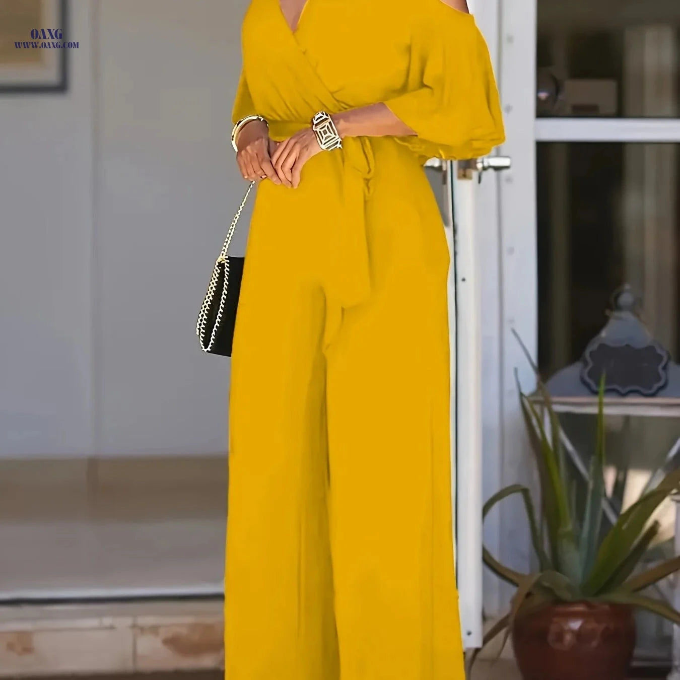 Elegant V-Neck Off-Shoulder Jumpsuit - Solid Color, Wide-Leg Style   OAXG Royal Blue / S