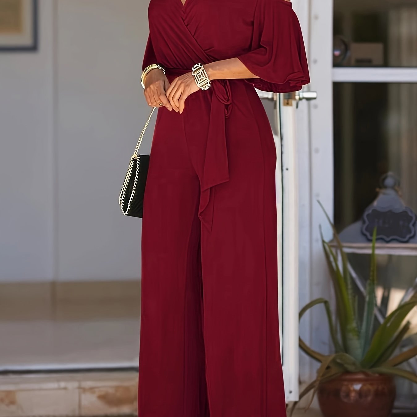 Elegant V-Neck Off-Shoulder Jumpsuit - Solid Color, Wide-Leg Style   OAXG Royal Blue / S