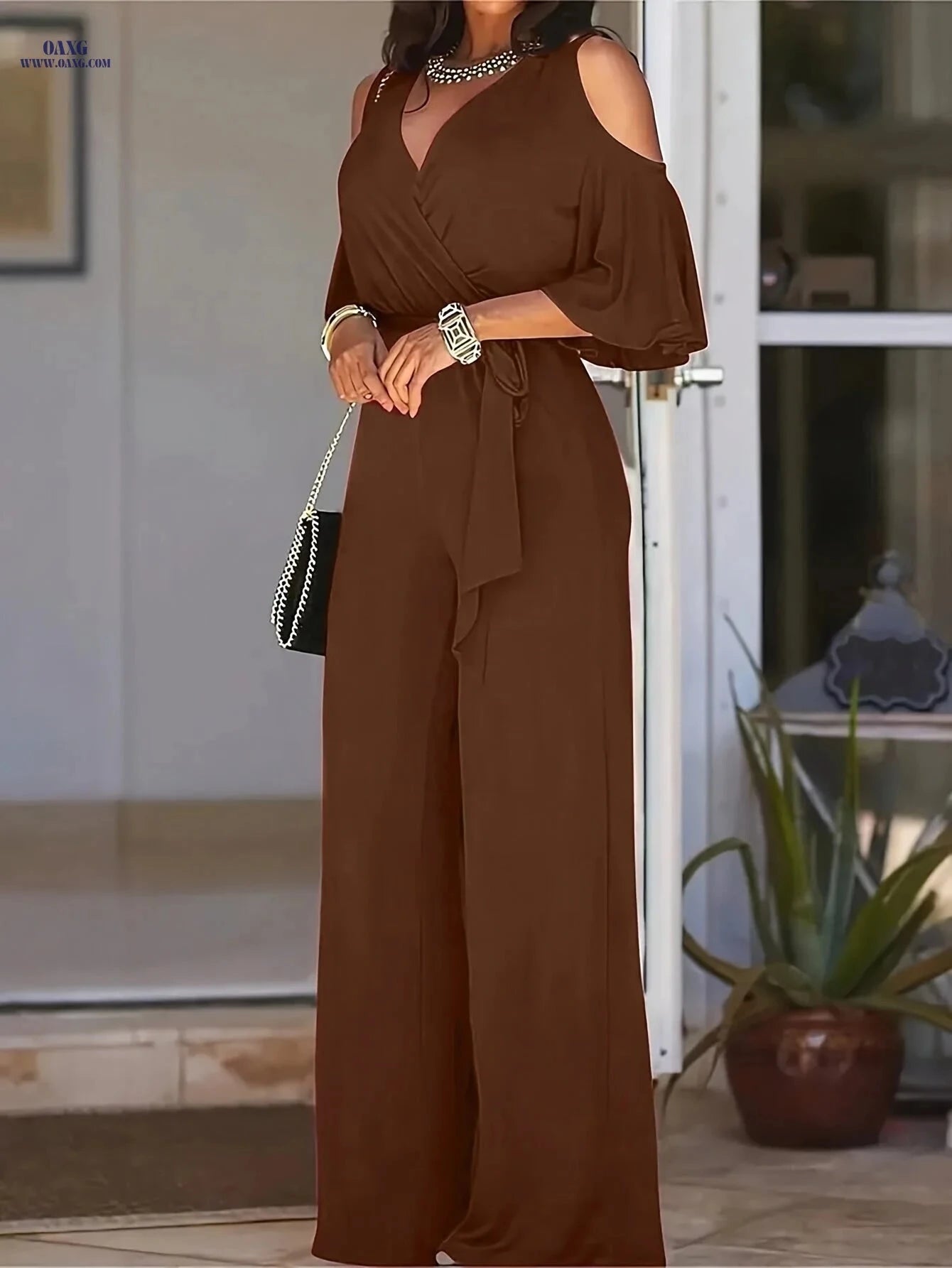 Elegant V-Neck Off-Shoulder Jumpsuit - Solid Color, Wide-Leg Style   OAXG Royal Blue / S