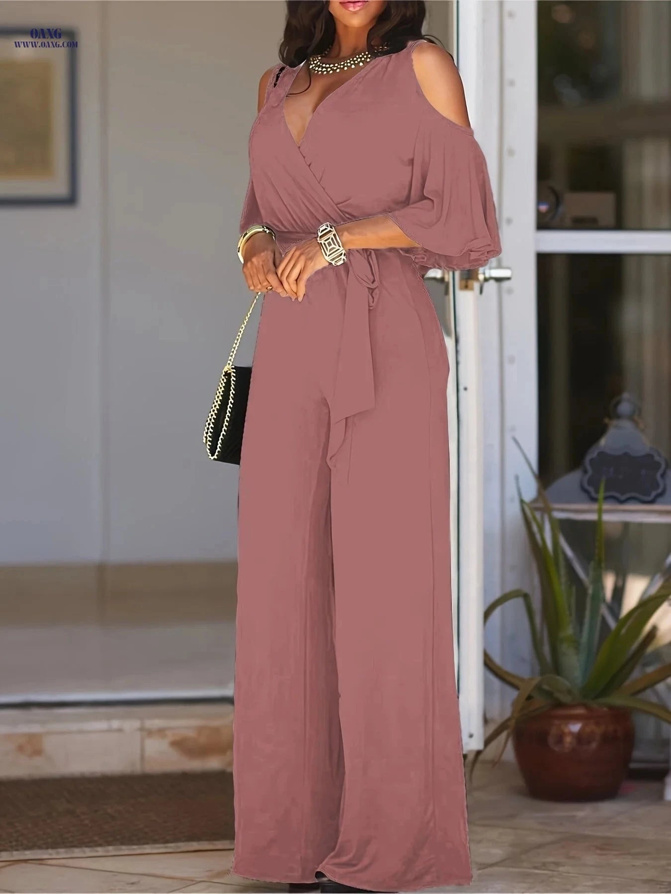 Elegant V-Neck Off-Shoulder Jumpsuit - Solid Color, Wide-Leg Style   OAXG Royal Blue / S