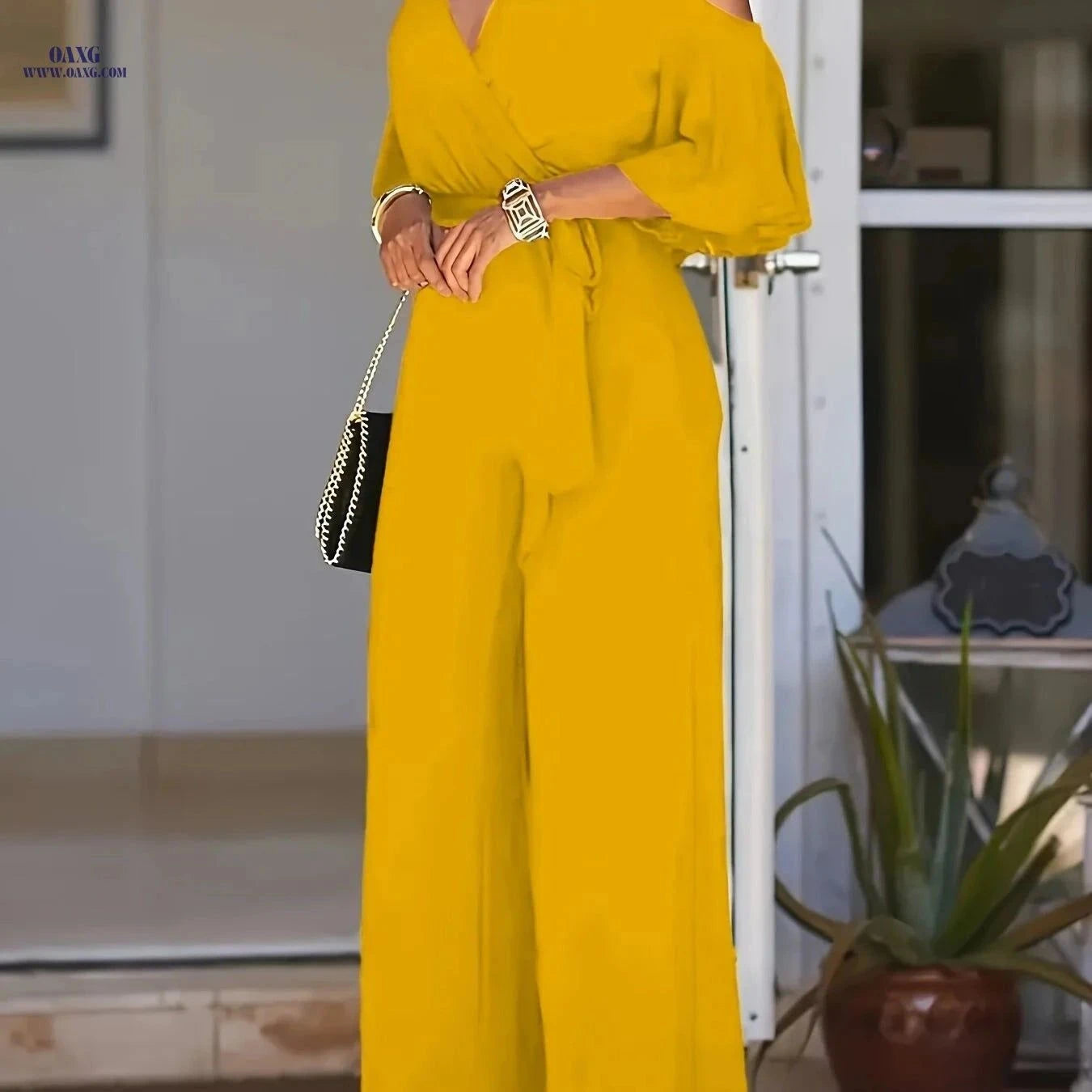 Elegant V-Neck Off-Shoulder Jumpsuit - Solid Color, Wide-Leg Style   OAXG Royal Blue / S