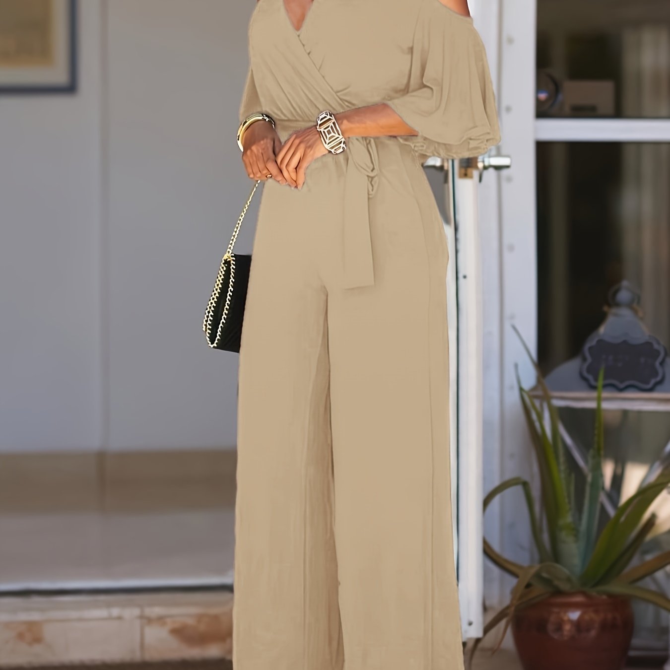Elegant V-Neck Off-Shoulder Jumpsuit - Solid Color, Wide-Leg Style   OAXG Royal Blue / S