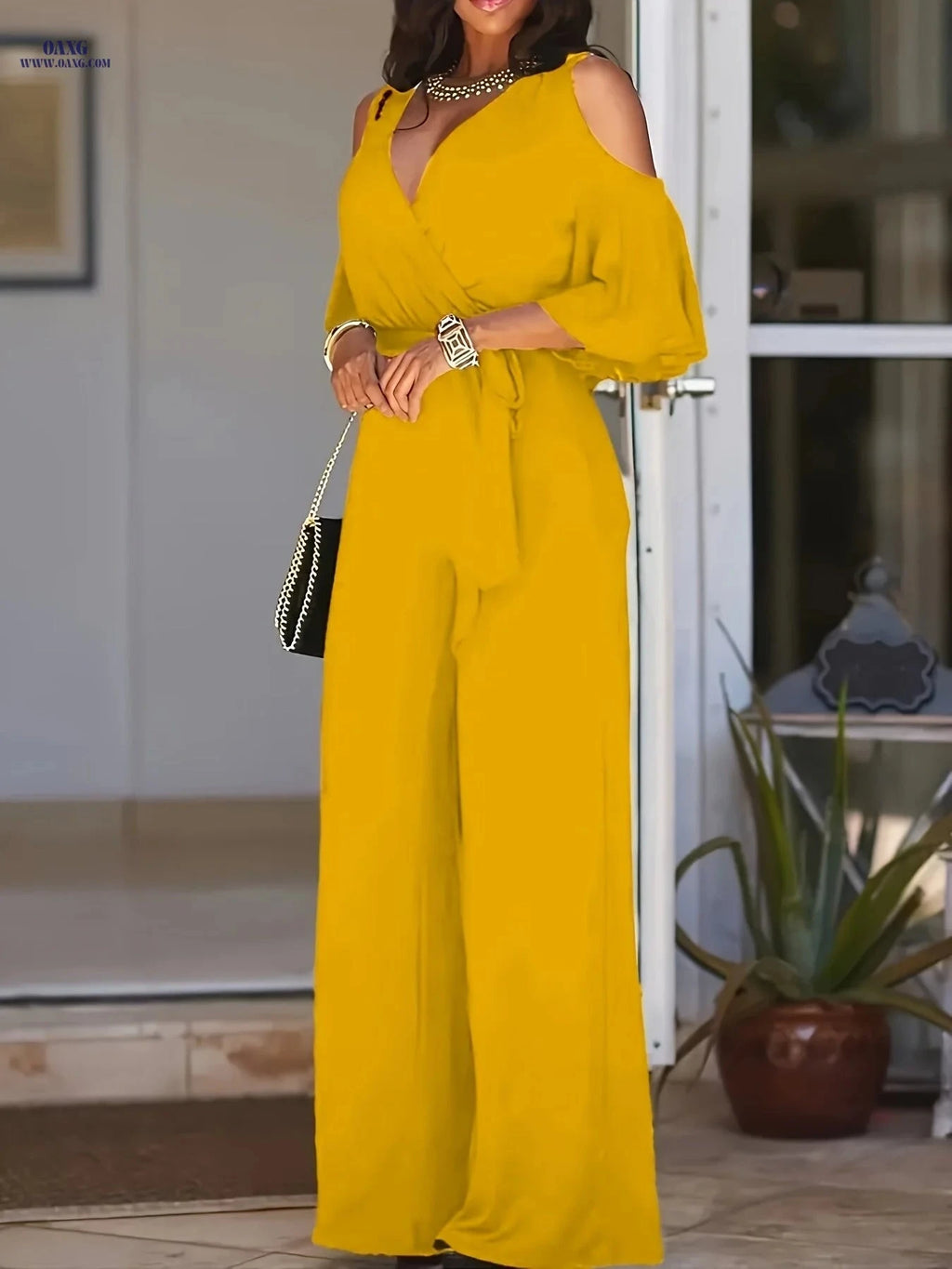Elegant V-Neck Off-Shoulder Jumpsuit - Solid Color, Wide-Leg Style   OAXG Royal Blue / S
