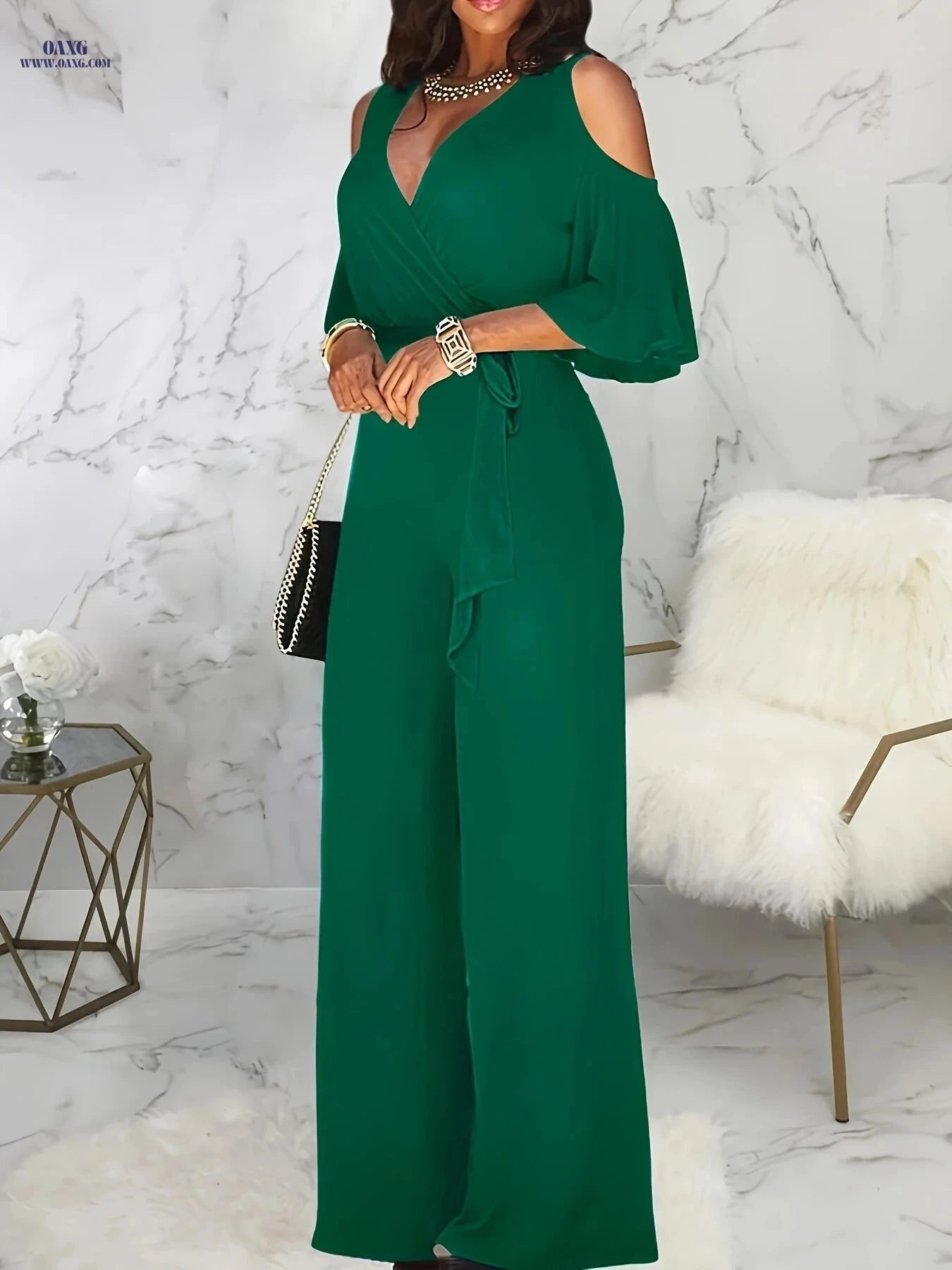 Elegant V-Neck Off-Shoulder Jumpsuit - Solid Color, Wide-Leg Style   OAXG Royal Blue / S