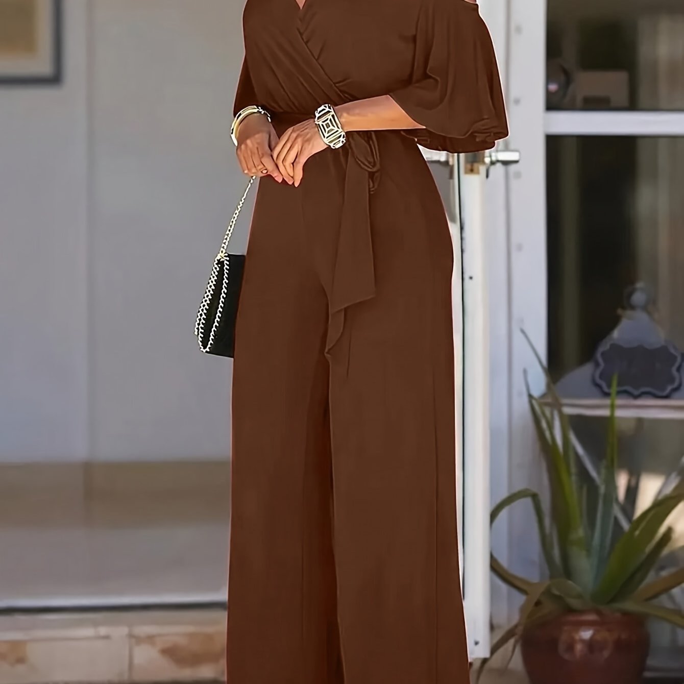 Elegant V-Neck Off-Shoulder Jumpsuit - Solid Color, Wide-Leg Style   OAXG Royal Blue / S