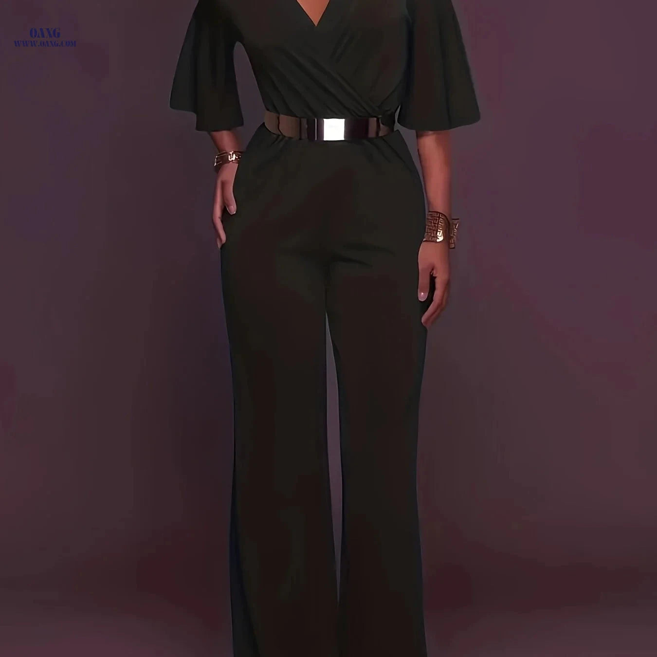 Elegant V-Neck Off-Shoulder Jumpsuit - Solid Color, Wide-Leg Style   OAXG Royal Blue / S