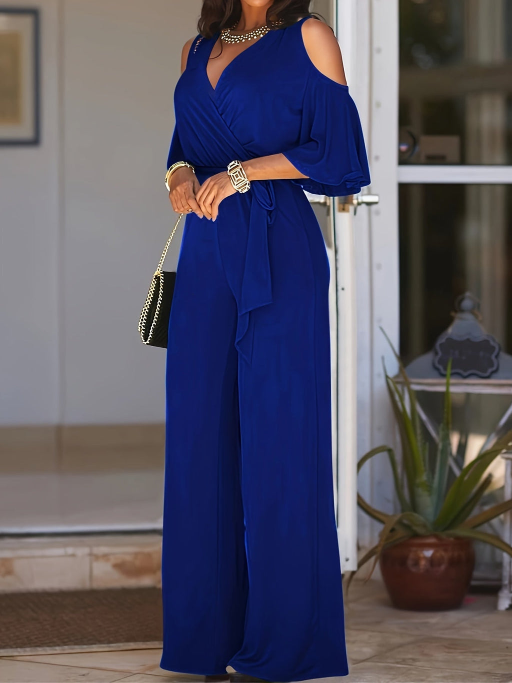 Elegant V-Neck Off-Shoulder Jumpsuit - Solid Color, Wide-Leg Style   OAXG Royal Blue / S