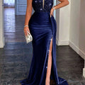 Elegant V-Neck Off-Shoulder Sequin Evening Gown - High Slit Style   OAXG 