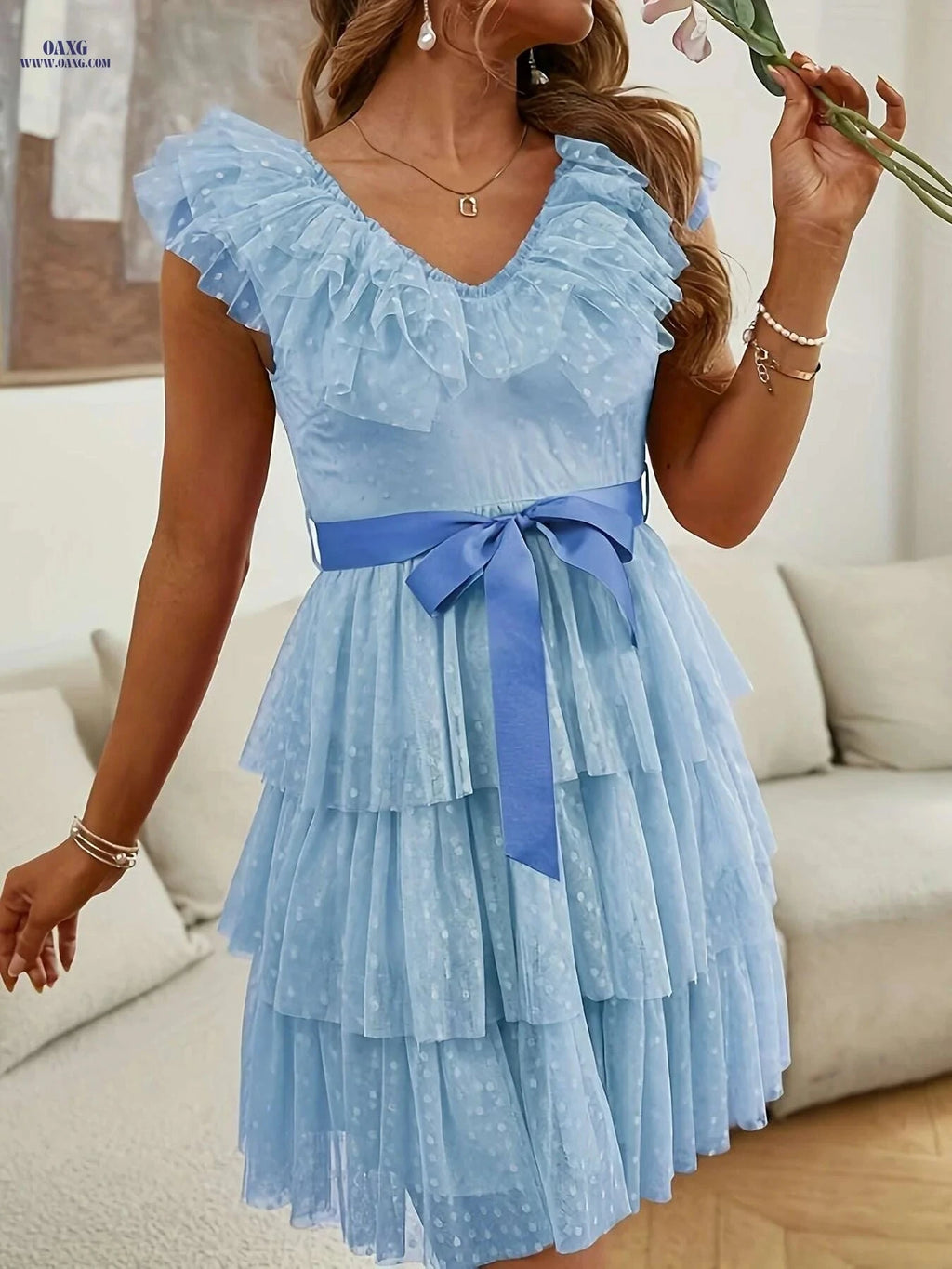 Elegant V-Neck Polka Dot Bridesmaid Dress - Multi-Layered Ruffles   OAXG 