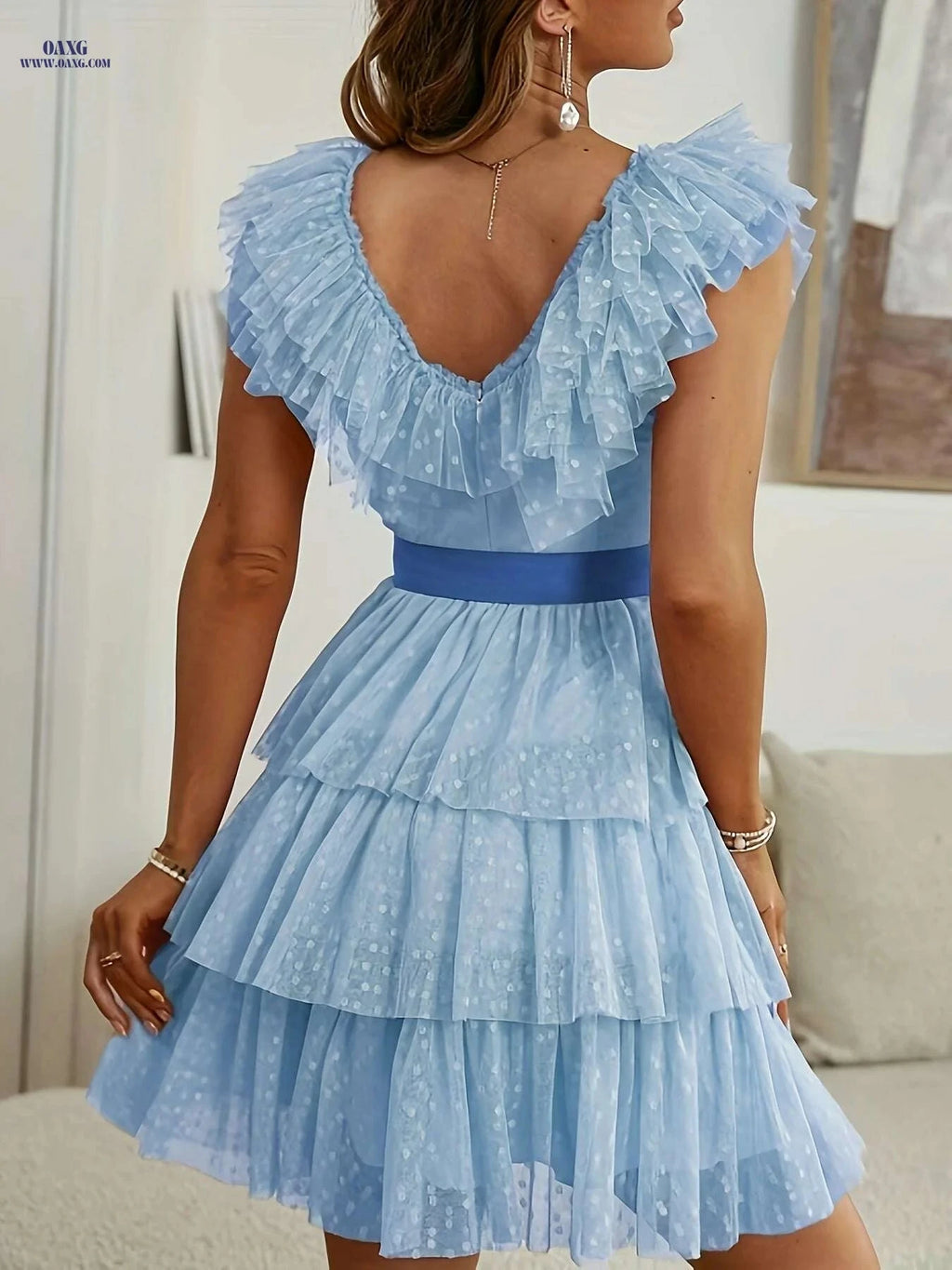 Elegant V-Neck Polka Dot Bridesmaid Dress - Multi-Layered Ruffles   OAXG 