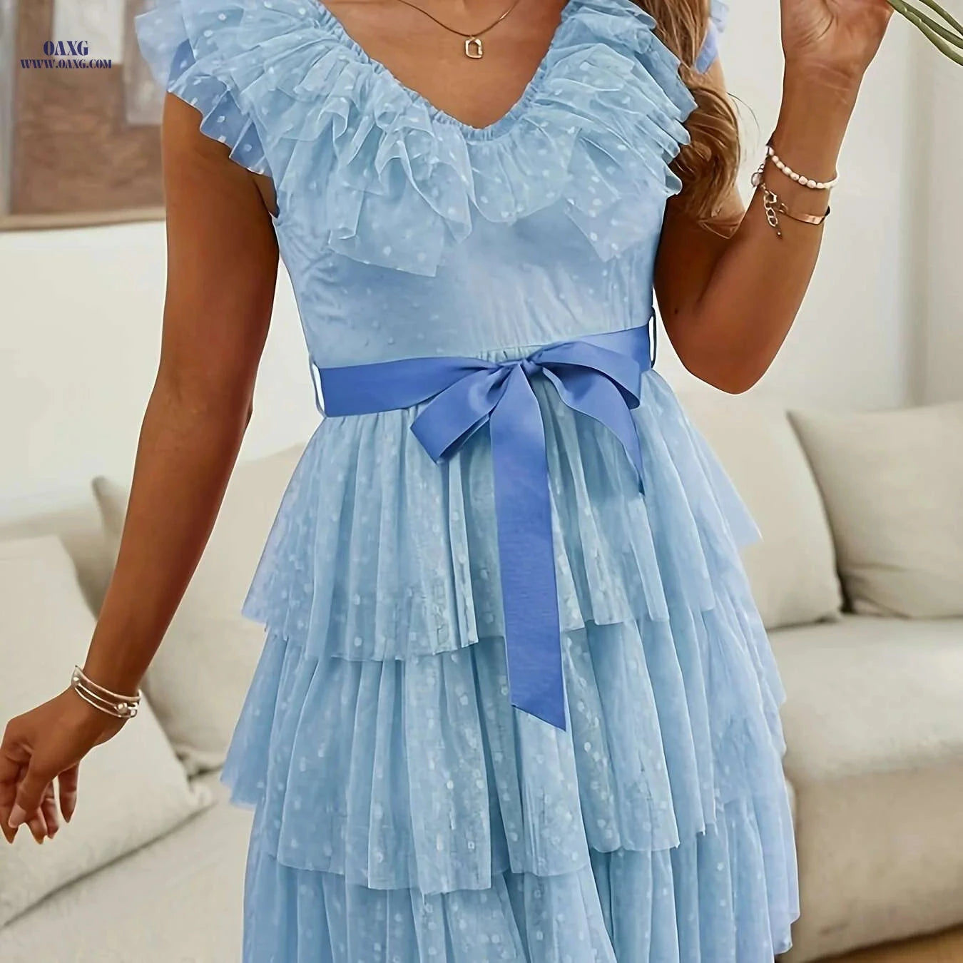 Elegant V-Neck Polka Dot Bridesmaid Dress - Multi-Layered Ruffles   OAXG 