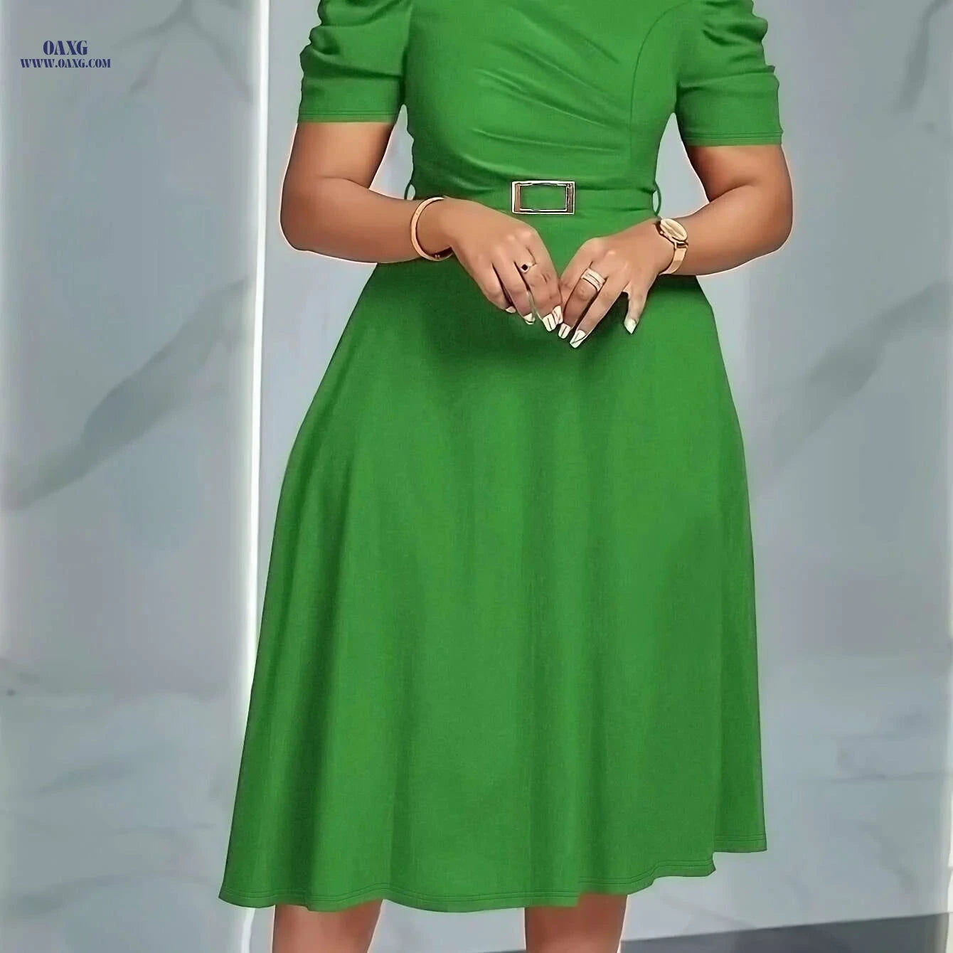 Elegant V-Neck Ruched Midi Dress - Flowy Solid Color for Spring/Summer   OAXG 