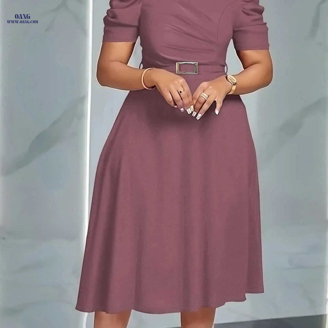 Elegant V-Neck Ruched Midi Dress - Flowy Solid Color for Spring/Summer   OAXG 