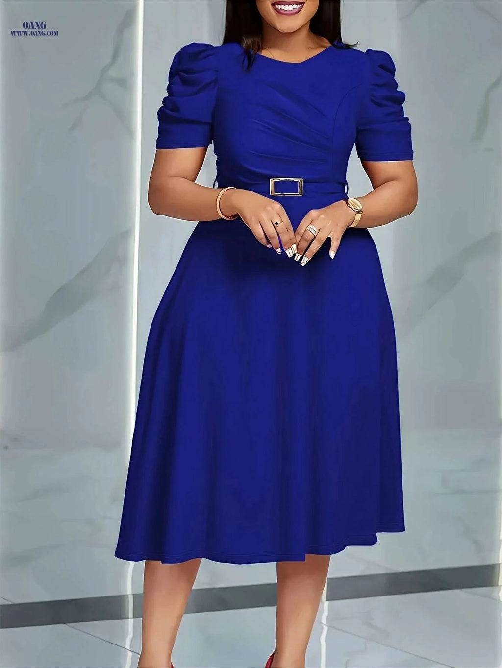 Elegant V-Neck Ruched Midi Dress - Flowy Solid Color for Spring/Summer   OAXG 