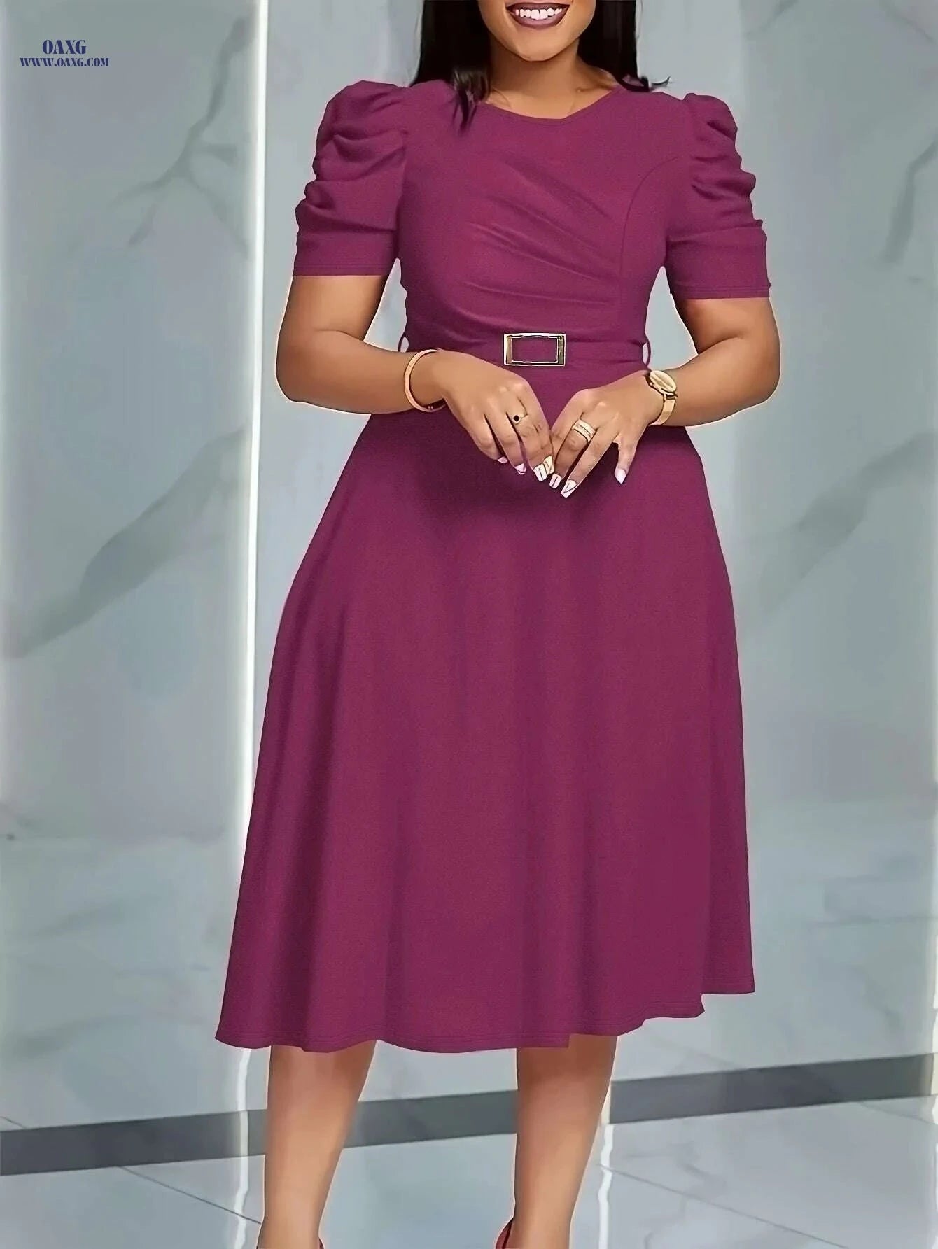Elegant V-Neck Ruched Midi Dress - Flowy Solid Color for Spring/Summer   OAXG Royal Blue / S