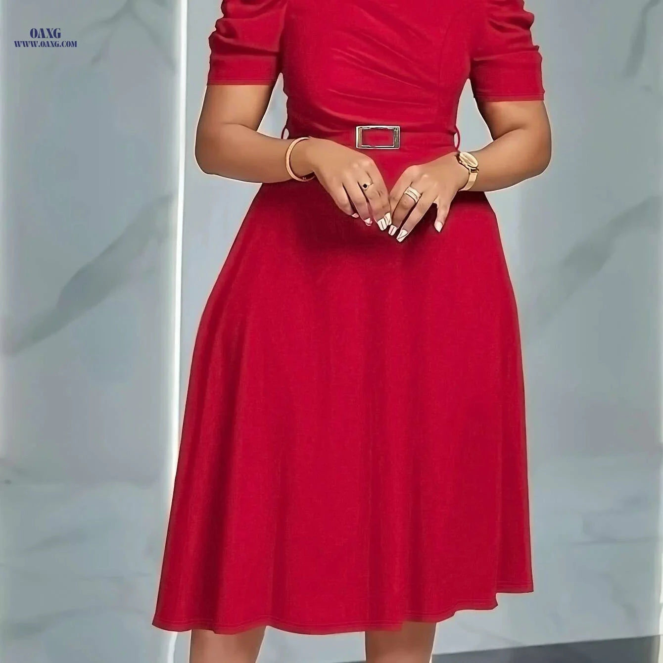 Elegant V-Neck Ruched Midi Dress - Flowy Solid Color for Spring/Summer   OAXG Royal Blue / S