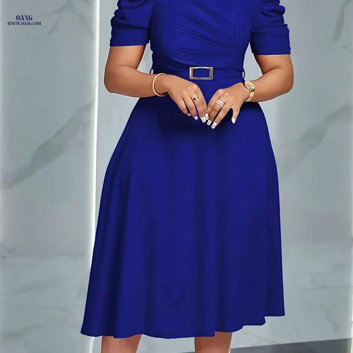 Elegant V-Neck Ruched Midi Dress - Flowy Solid Color for Spring/Summer   OAXG Royal Blue / S