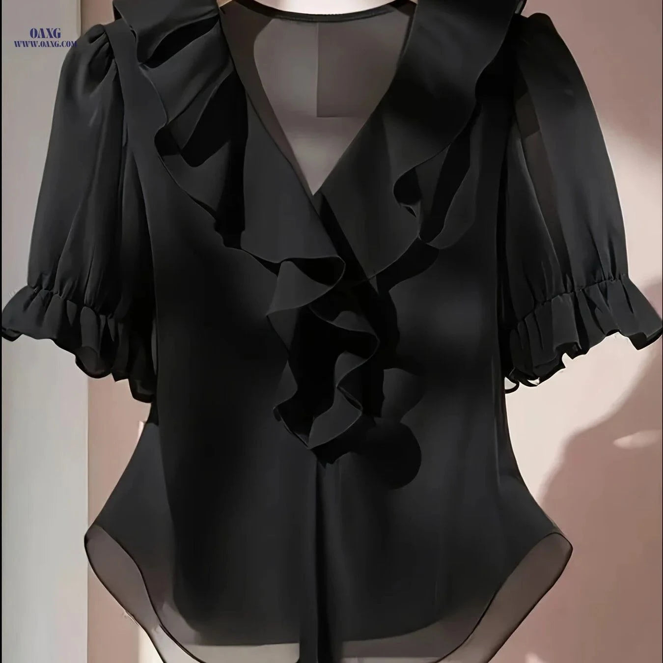 Elegant V-Neck Ruffled Blouse - Short Sleeve, Sheer & Machine Washable   OAXG Pink / S