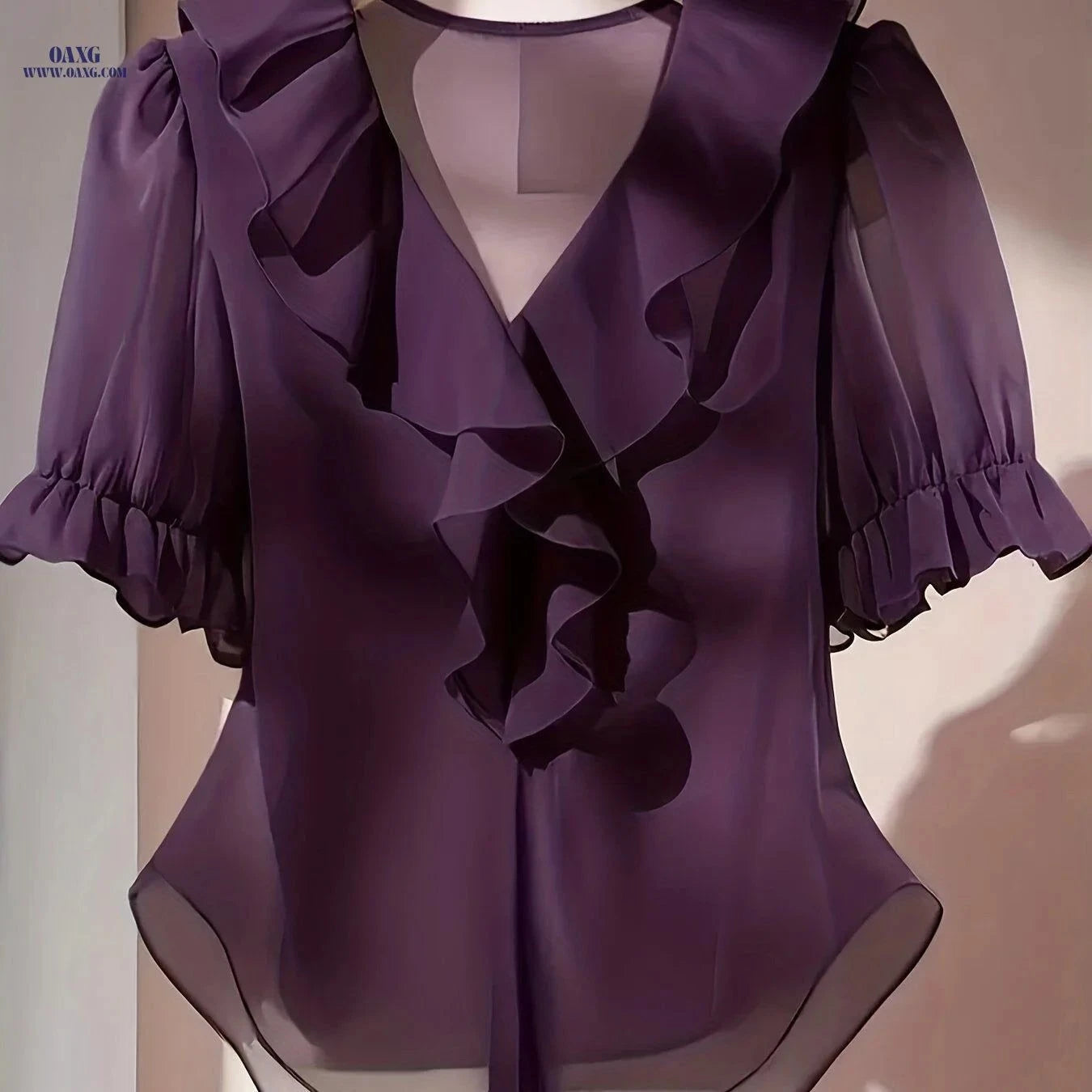Elegant V-Neck Ruffled Blouse - Short Sleeve, Sheer & Machine Washable   OAXG Pink / S