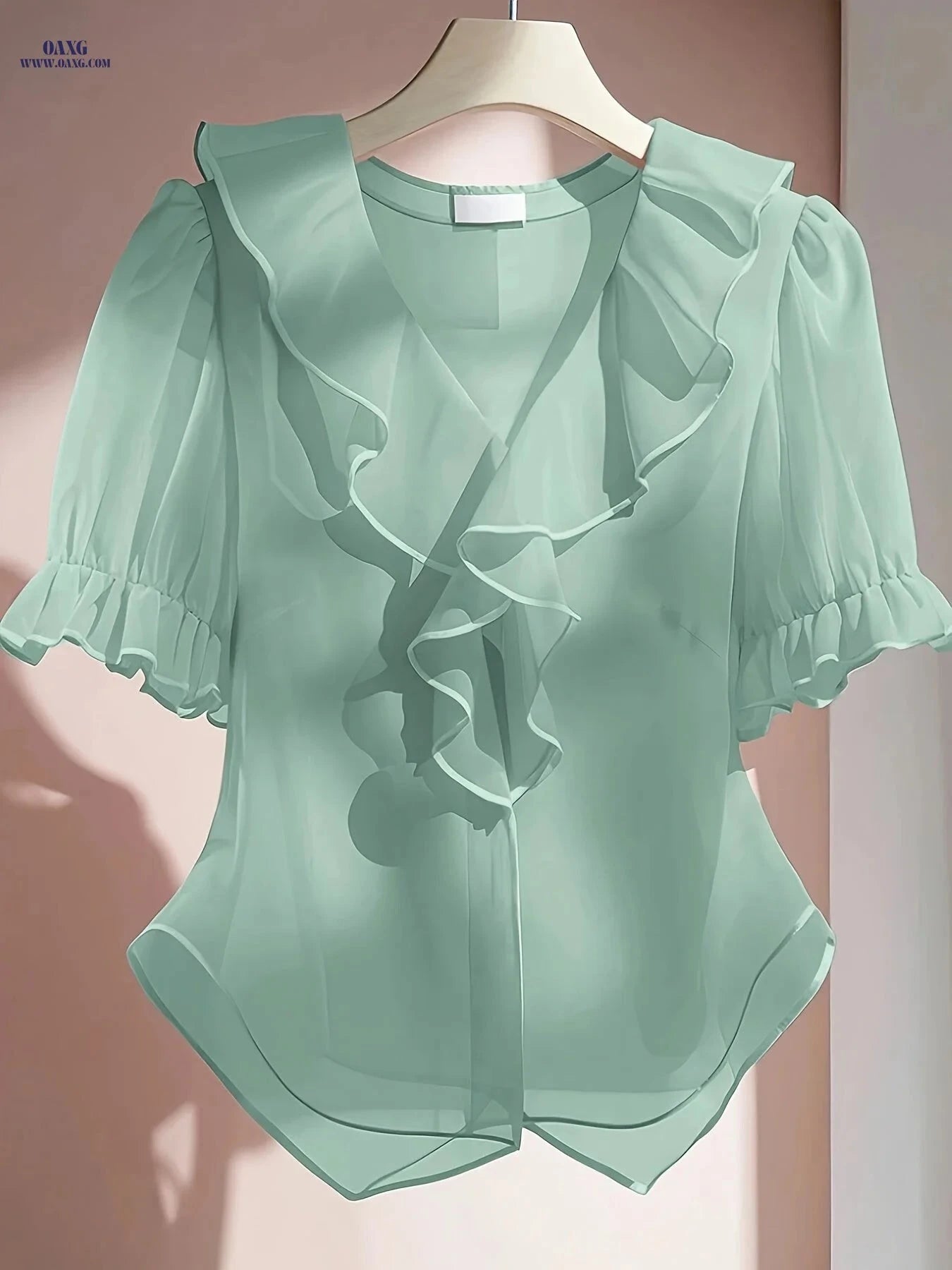 Elegant V-Neck Ruffled Blouse - Short Sleeve, Sheer & Machine Washable   OAXG Pink / S