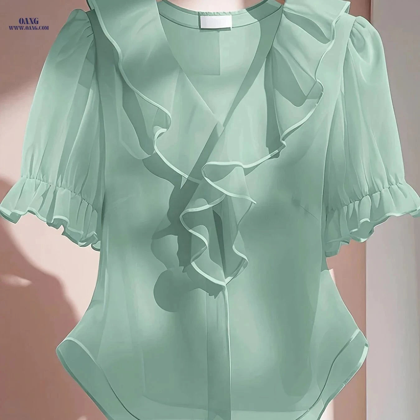 Elegant V-Neck Ruffled Blouse - Short Sleeve, Sheer & Machine Washable   OAXG Pink / S