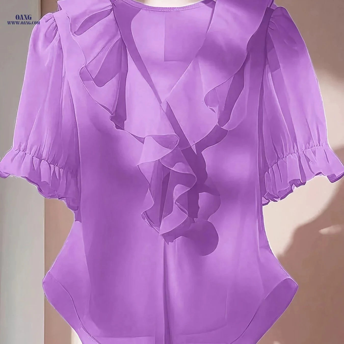 Elegant V-Neck Ruffled Blouse - Short Sleeve, Sheer & Machine Washable   OAXG Pink / S