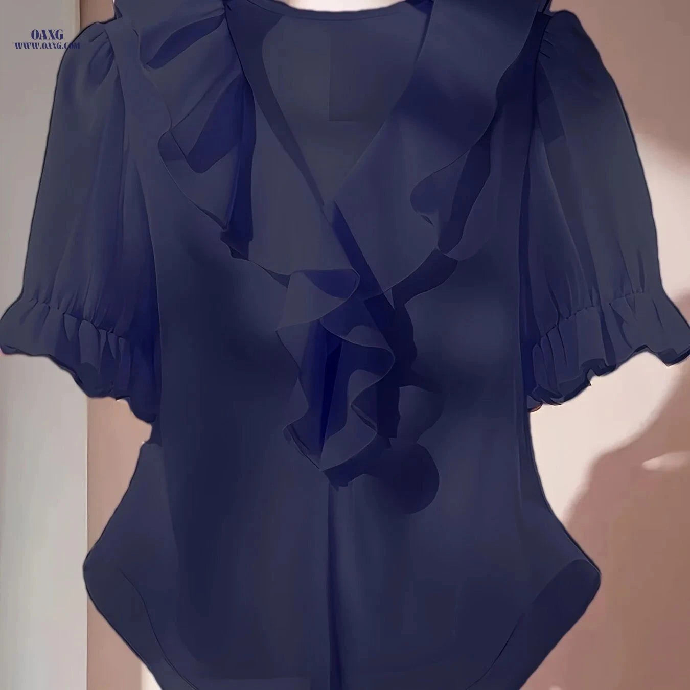 Elegant V-Neck Ruffled Blouse - Short Sleeve, Sheer & Machine Washable   OAXG Pink / S
