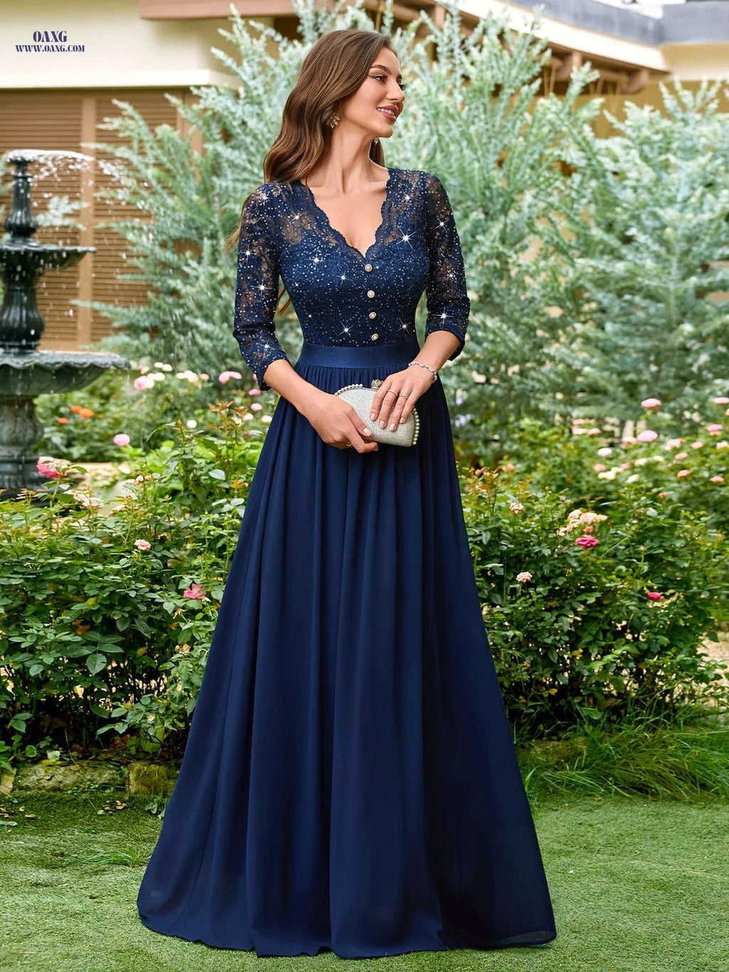 Elegant V-Neck Scallop Trim Dress - Women's Three-Quarter Sleeve Gown   OAXG 