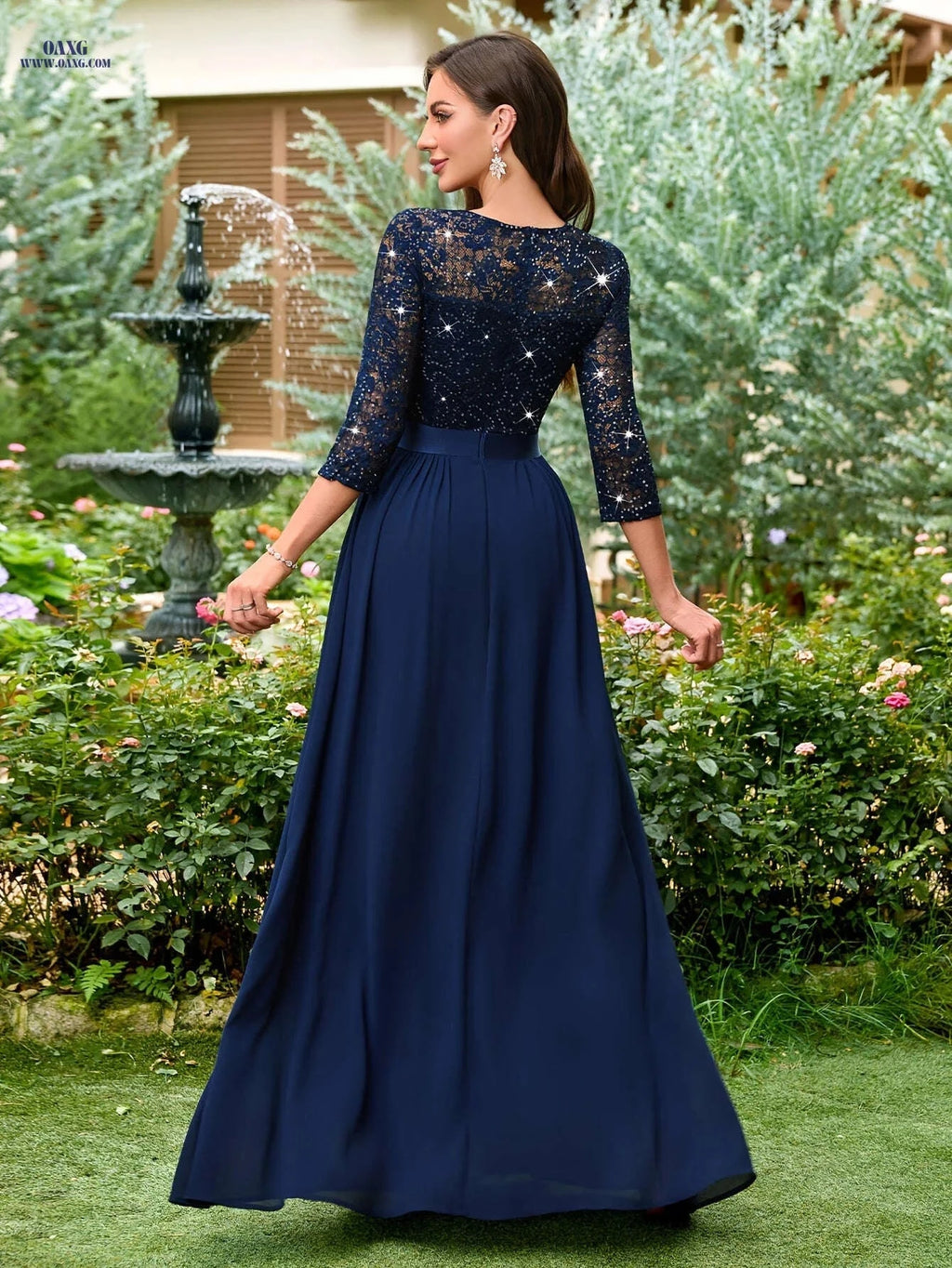 Elegant V-Neck Scallop Trim Dress - Women's Three-Quarter Sleeve Gown   OAXG Navy Color / S