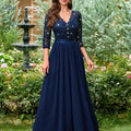 Elegant V-Neck Scallop Trim Dress - Women's Three-Quarter Sleeve Gown   OAXG Navy Color / S