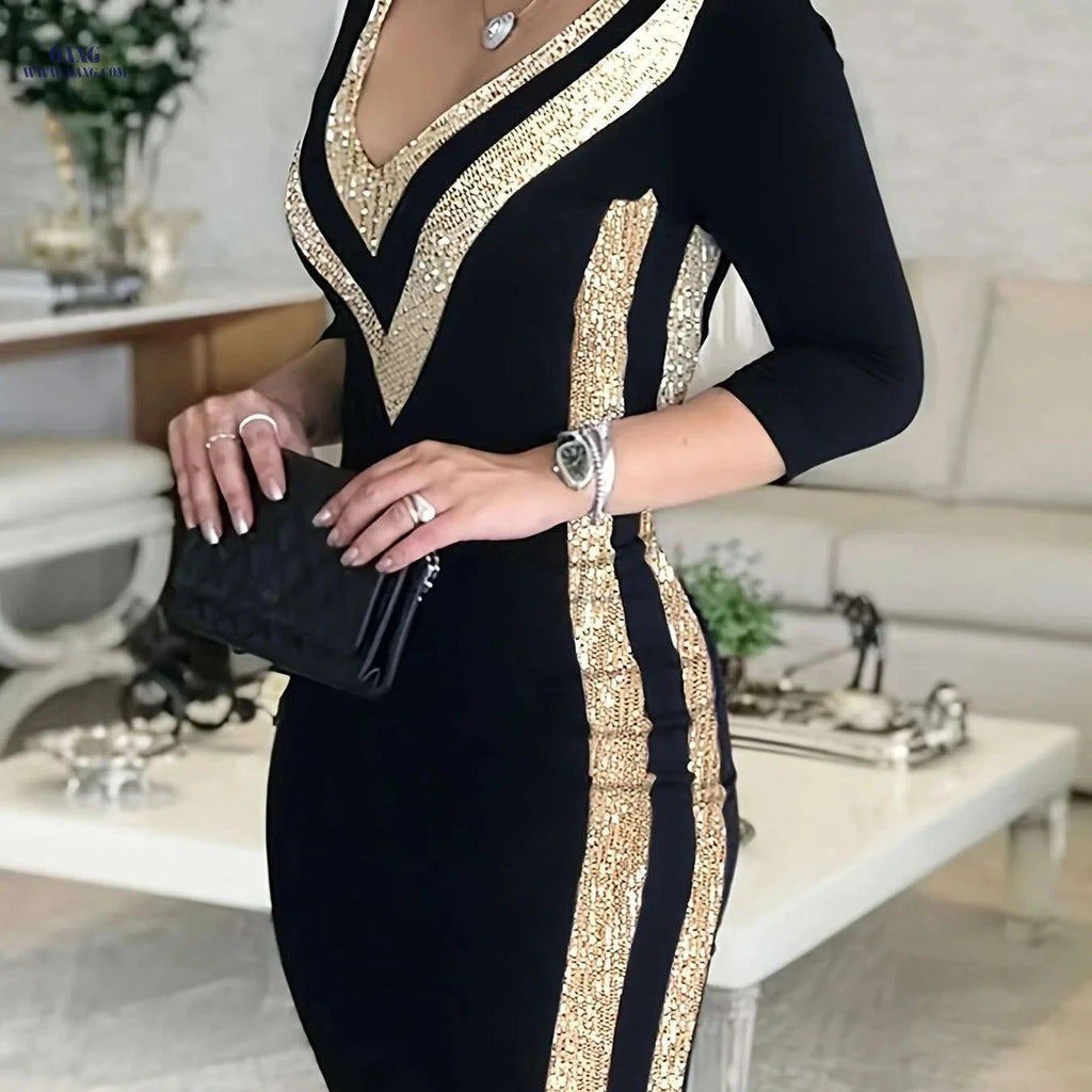 Elegant V-Neck Sequin Evening Gown - Perfect for Parties & Weddings   OAXG 