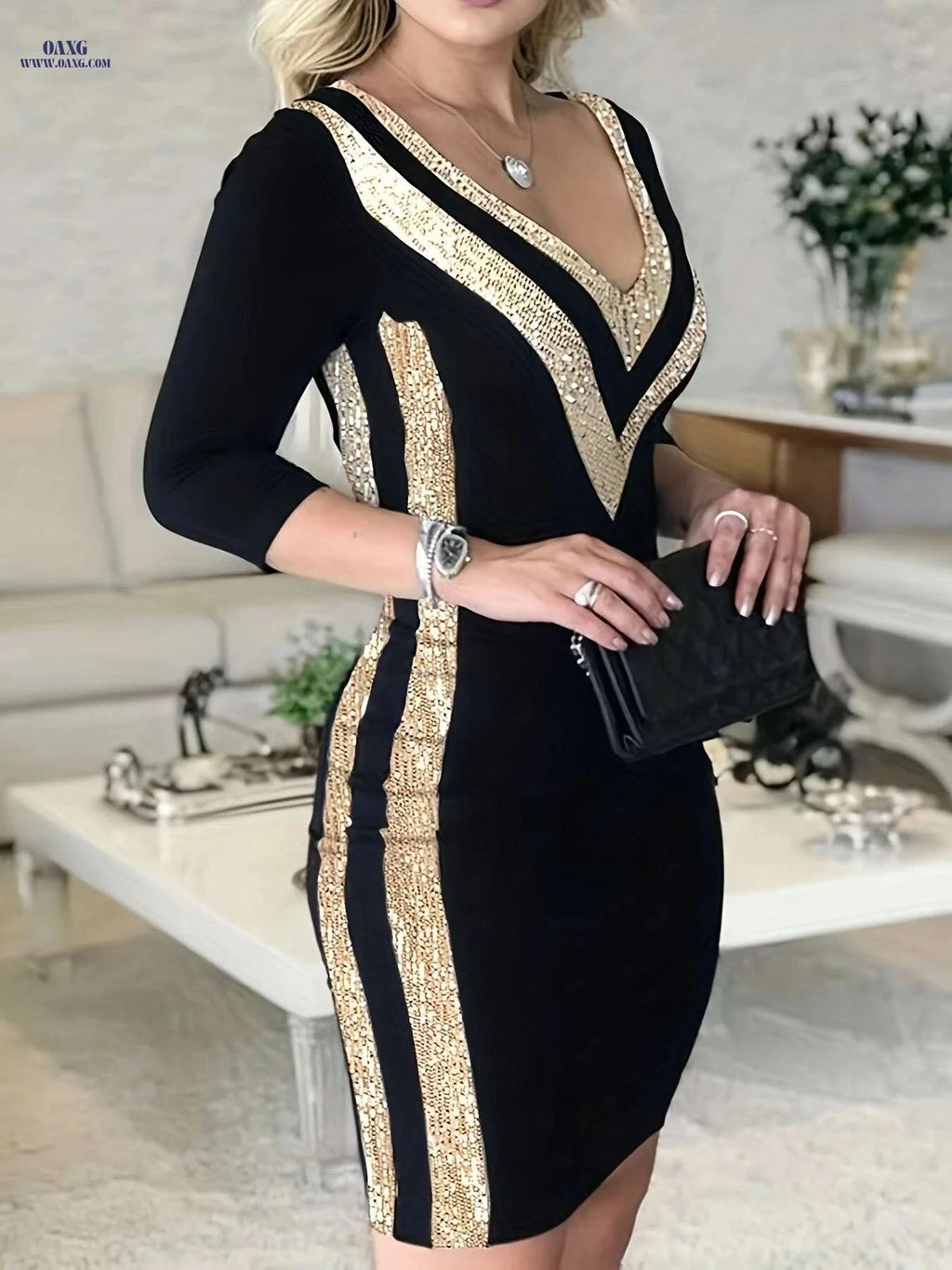 Elegant V-Neck Sequin Evening Gown - Perfect for Parties & Weddings   OAXG Black / S