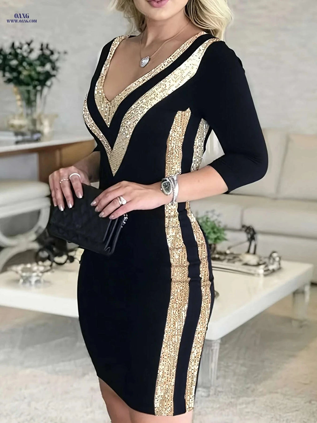 Elegant V-Neck Sequin Evening Gown - Perfect for Parties & Weddings   OAXG Black / S