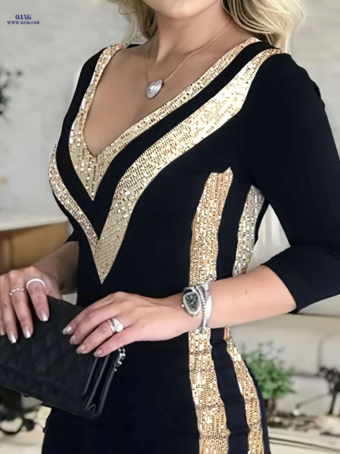 Elegant V-Neck Sequin Evening Gown - Perfect for Parties & Weddings   OAXG 