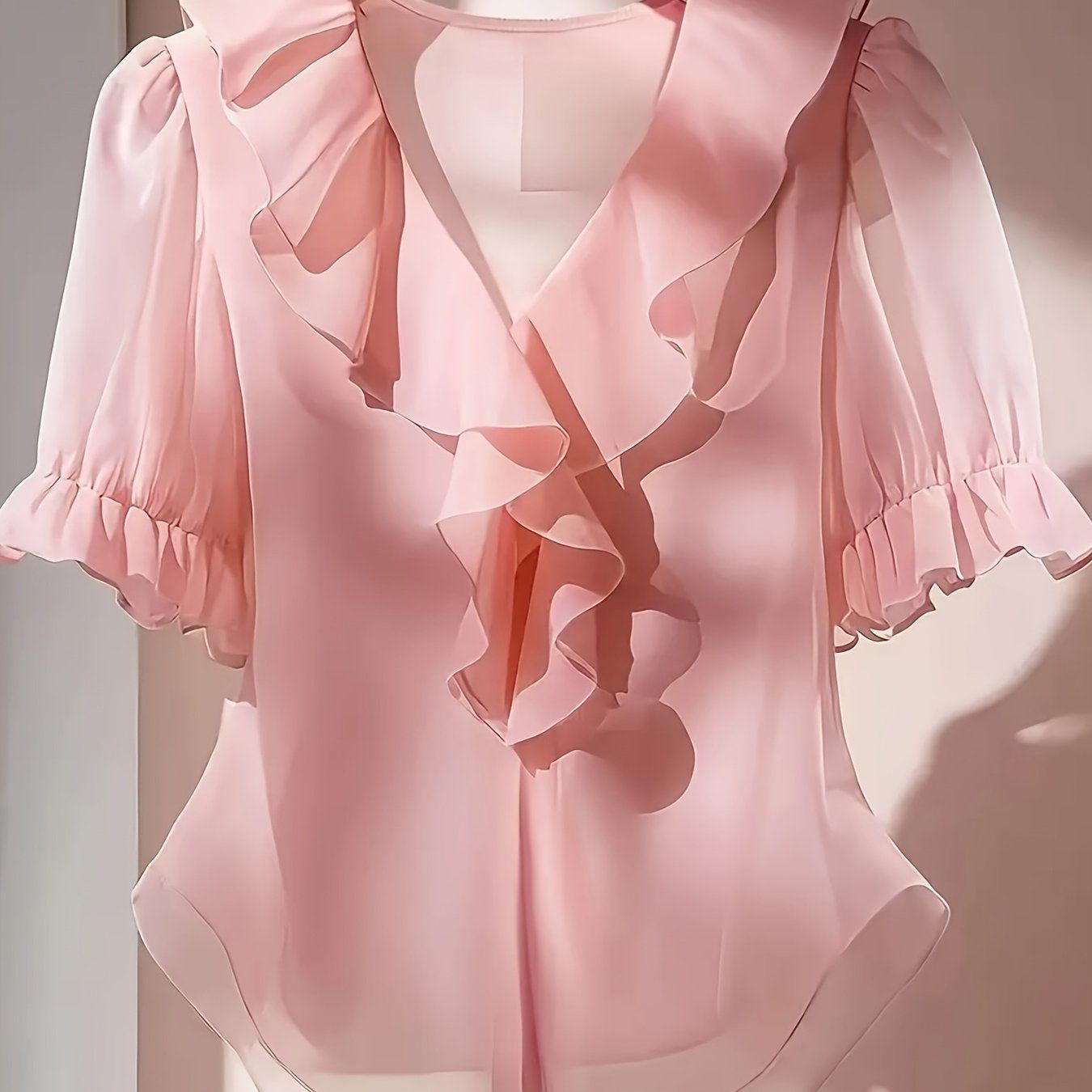 Elegant V-Neck Short-Sleeve Blouse with Ruffled Collar - Sheer Suitable for - Wear, Machine Washable Casual to Dressy   OAXG Pink / S