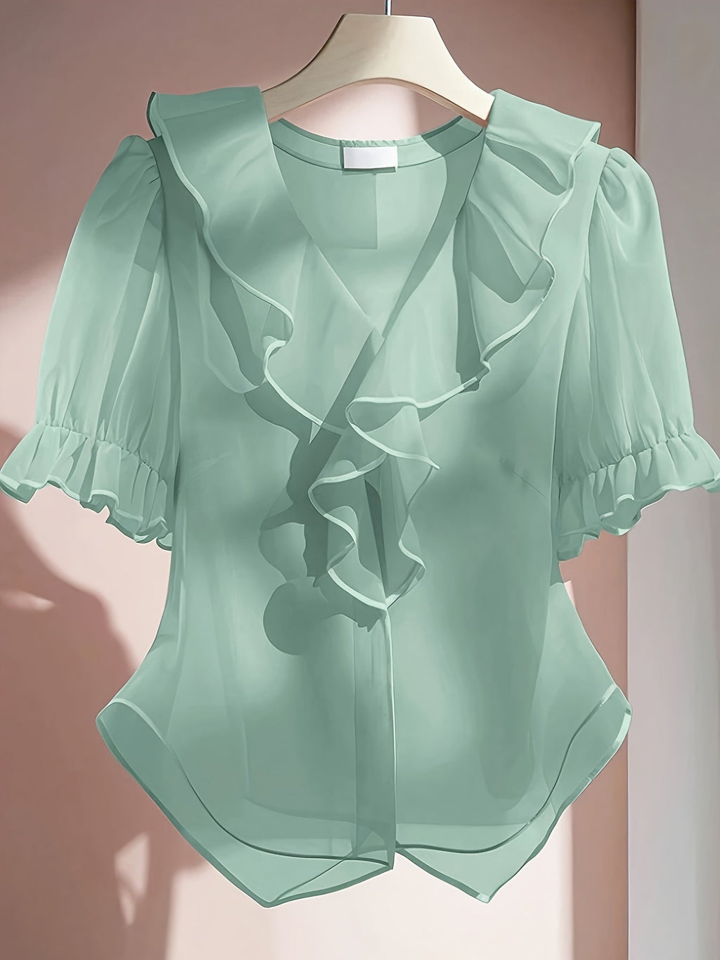 Elegant V-Neck Short-Sleeve Blouse with Ruffled Collar - Sheer Suitable for - Wear, Machine Washable Casual to Dressy   OAXG Pink / S