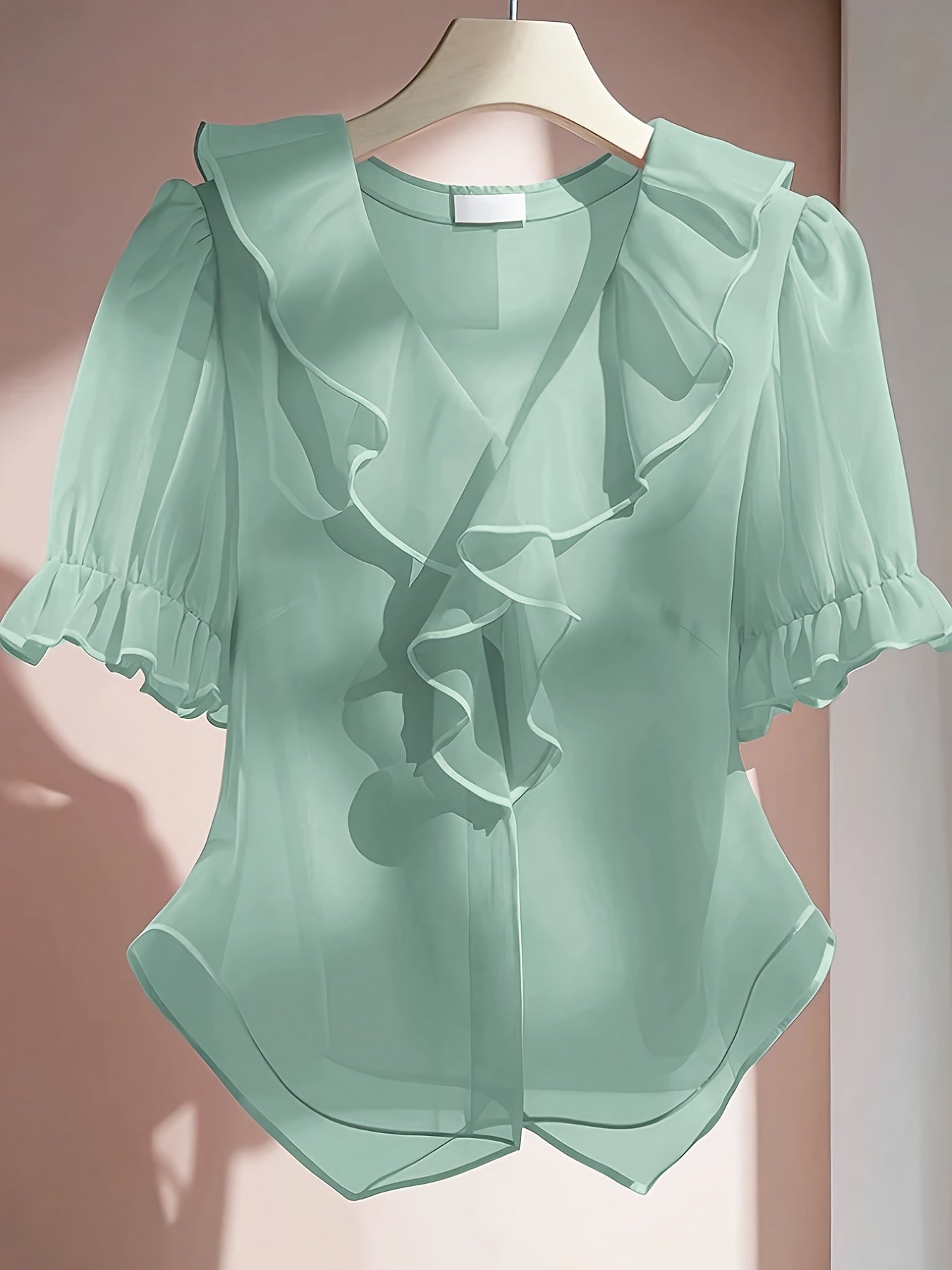 Elegant V-Neck Short-Sleeve Blouse with Ruffled Collar - Sheer Suitable for - Wear, Machine Washable Casual to Dressy   OAXG Pink / S